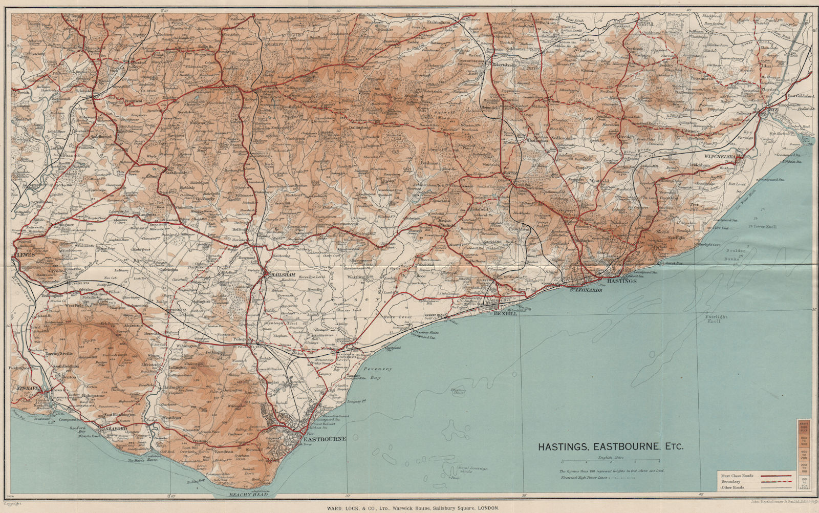 EAST SUSSEX COAST. Hastings Eastbourne Rye Bexhill Beachy Head 1939 old map