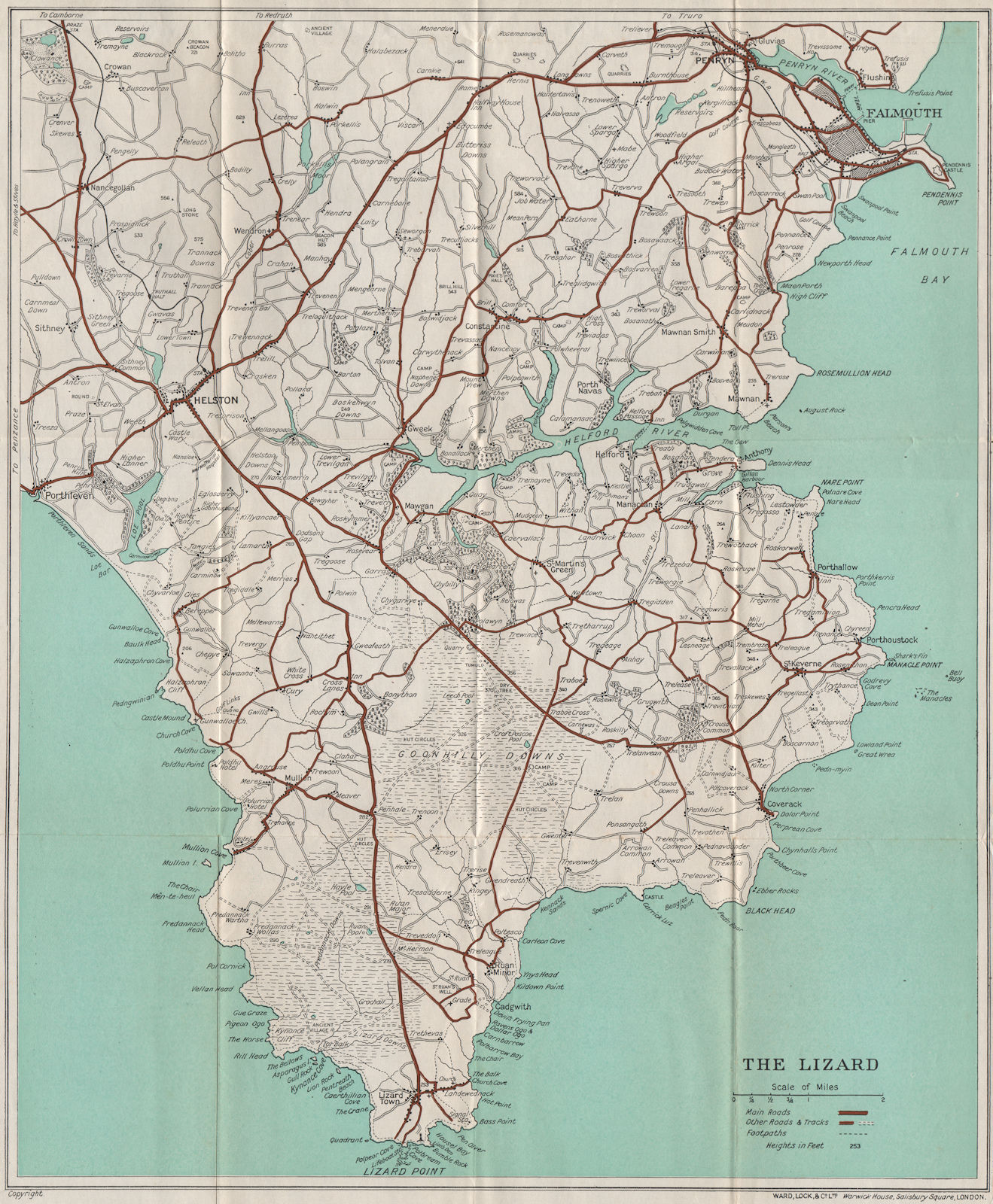 THE LIZARD topo map. Helston Falmouth Helford River Cornwall. WARD LOCK 1937