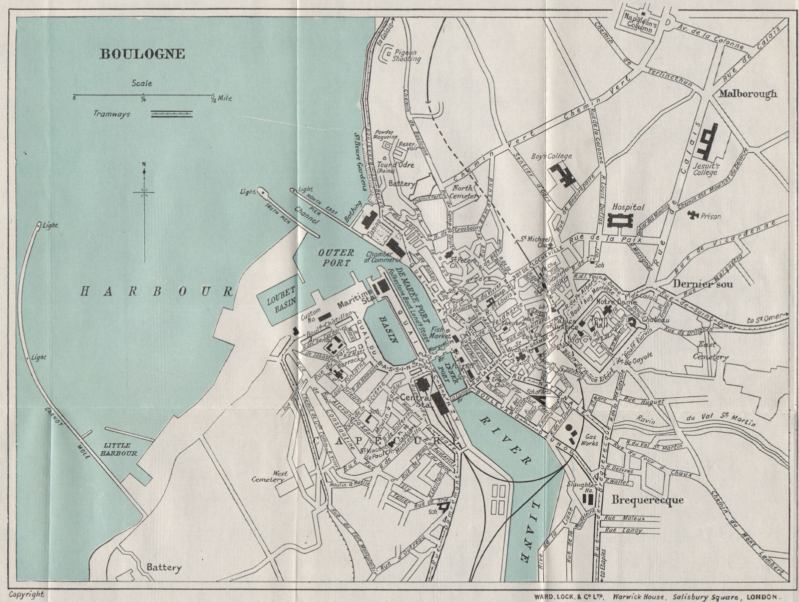 BOULOGNE vintage town/city plan. Pas-de-Calais. WARD LOCK 1938 old vintage map