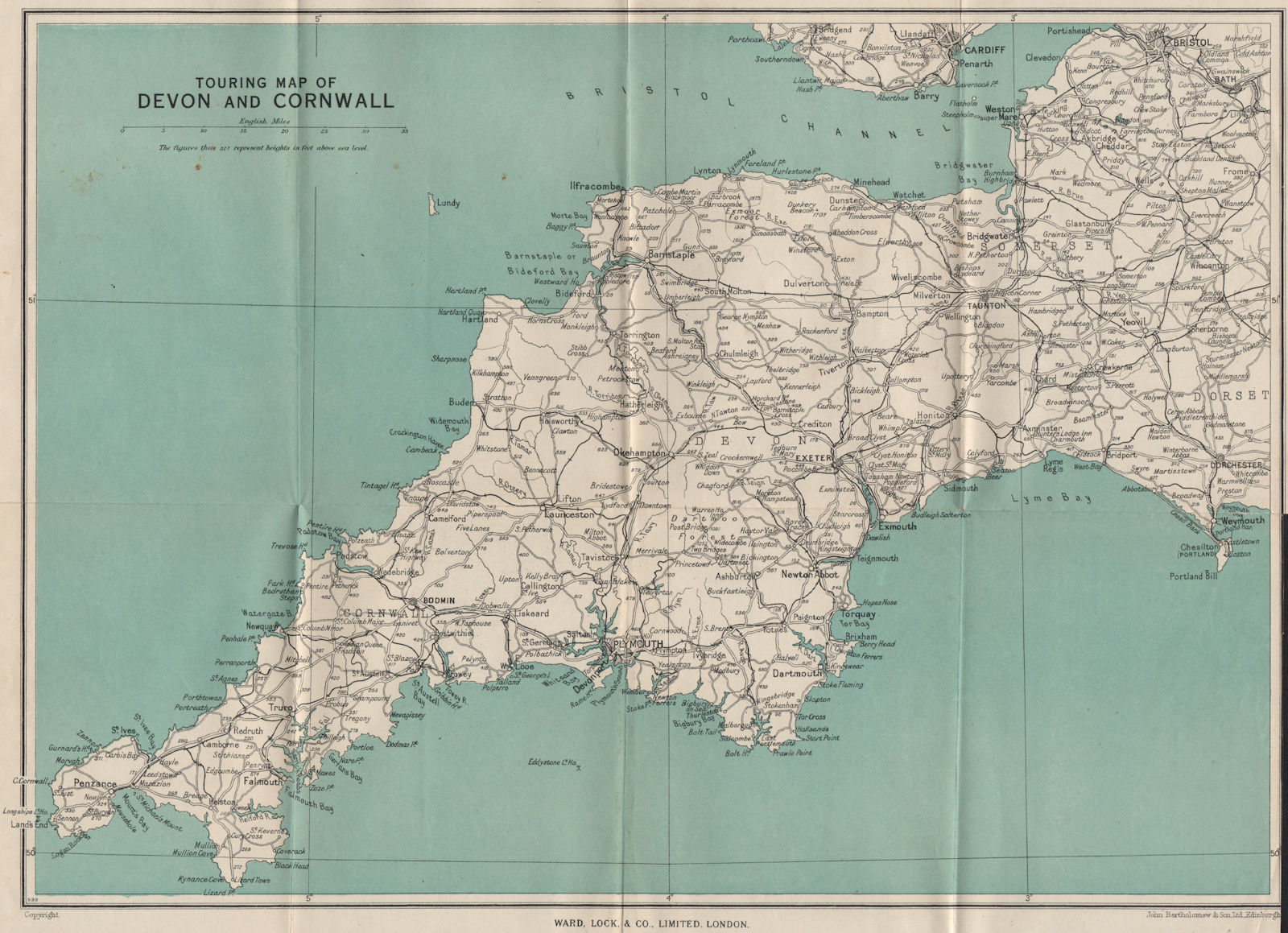 TOURING MAP OF DEVON & CORNWALL. South West England. WARD LOCK 1948 old