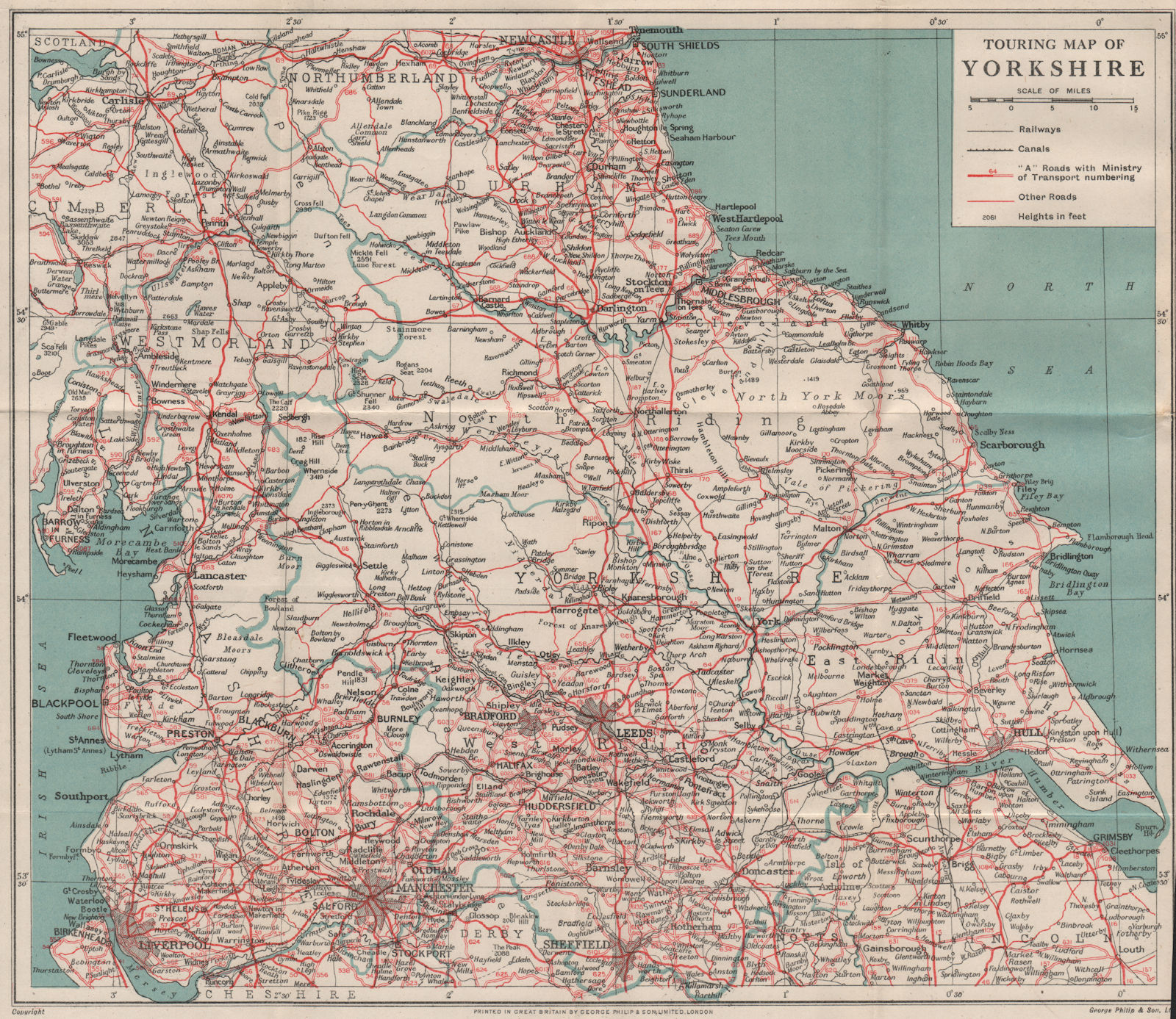 TOURING MAP OF YORKSHIRE & Northern England. Pre-motorways. WARD LOCK 1946