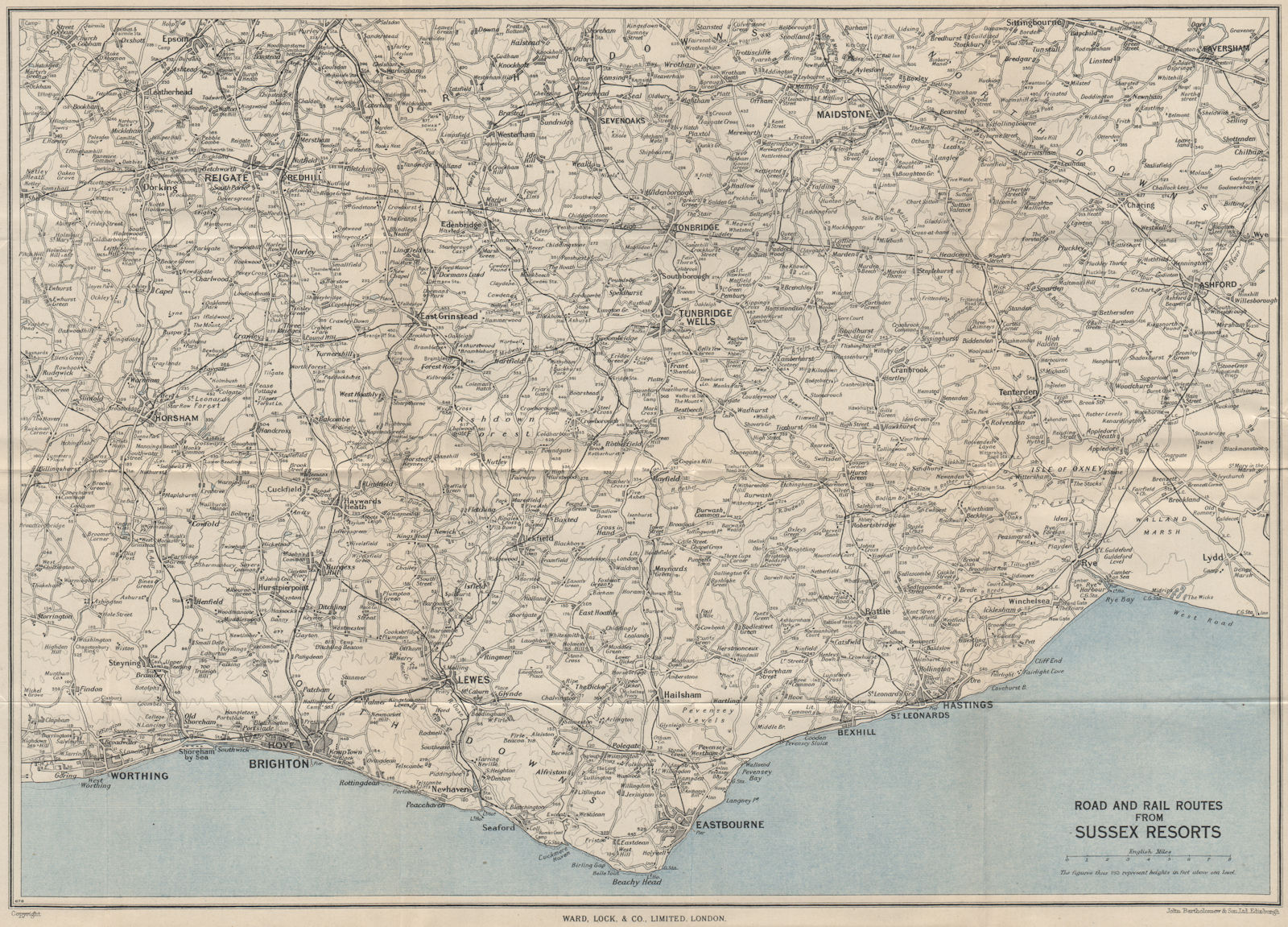 E. SUSSEX/SOUTH DOWNS. Tunbridge Wells Eastbourne Brighton Hastings Rye 1950 map