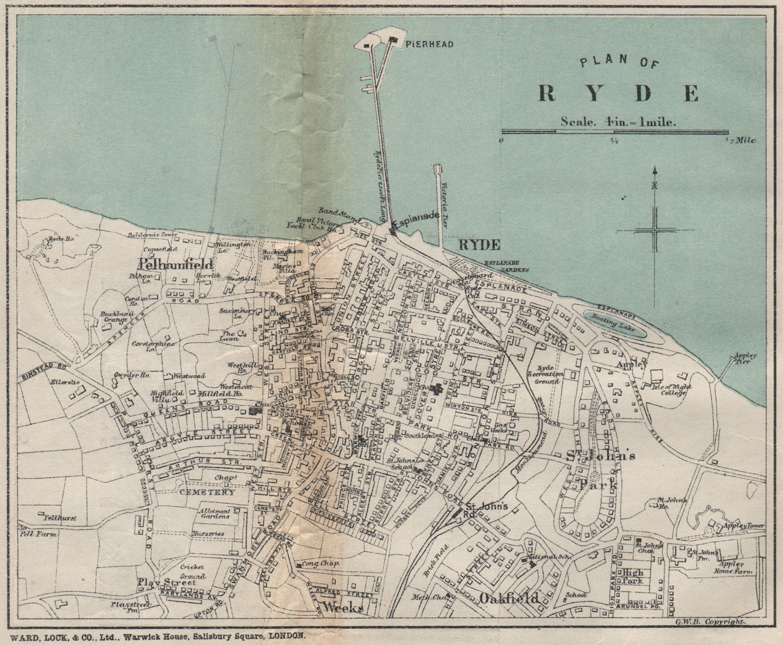 RYDE vintage town/city plan. Isle of Wight. WARD LOCK 1908 old antique map