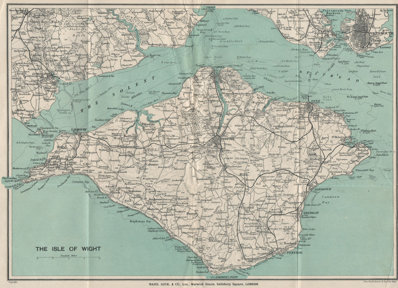 ISLE OF WIGHT showing complete railway network. Cowes Ryde. WARD LOCK 1922 map