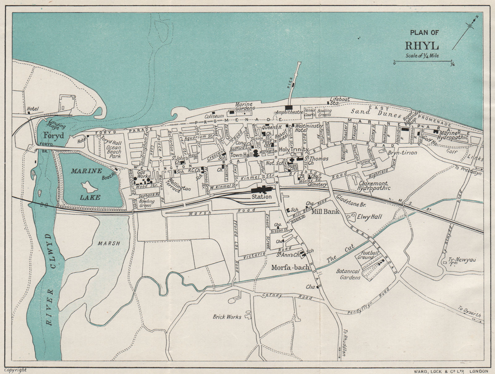 Rhyl Vintage Towncity Plan Wales Ward Lock 1925 Old Vintage Map Chart