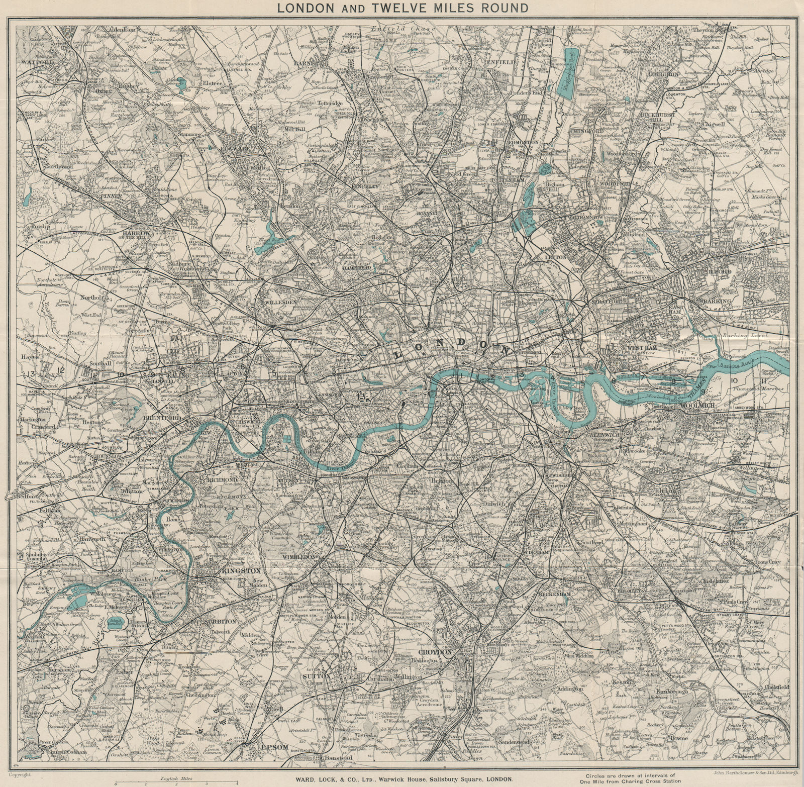 'LONDON AND TWELVE MILES ROUND'. Greater London. WARD LOCK 1933 old map