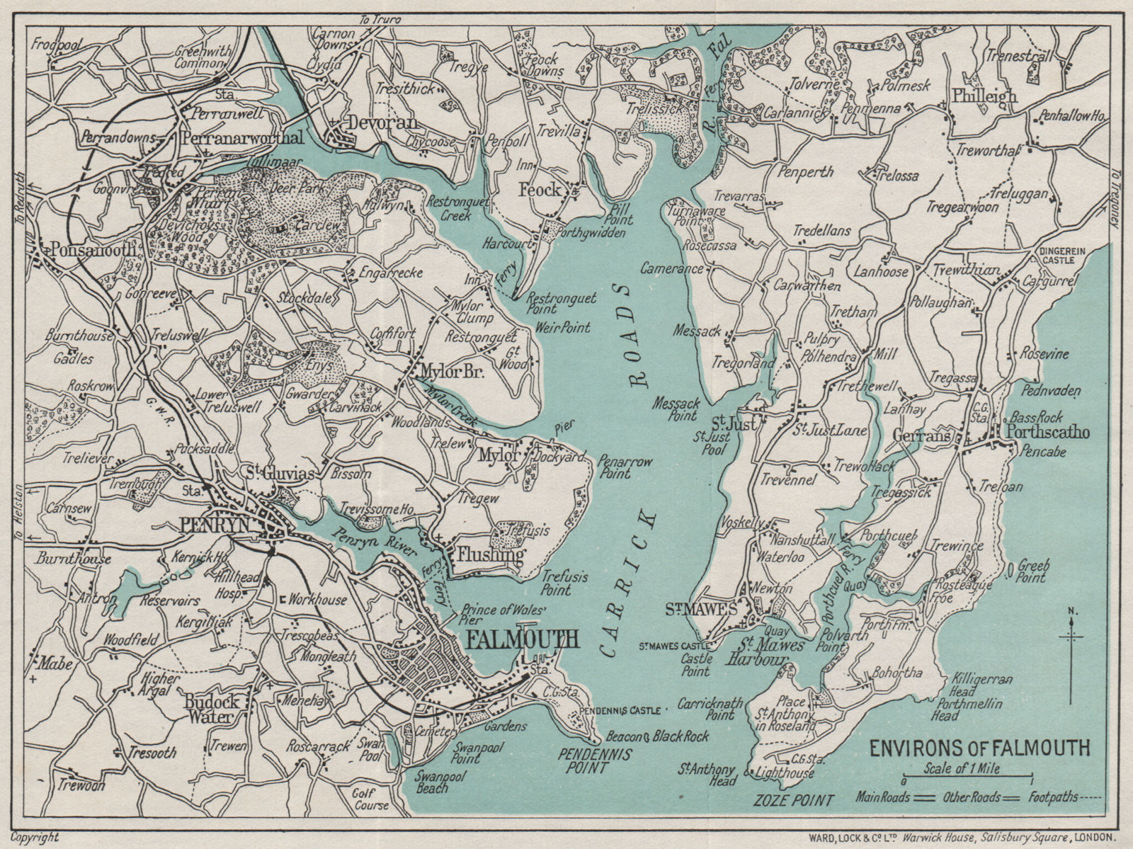 FALMOUTH environs. Carrick Roads St Mawes Penryn. Cornwall. WARD LOCK 1935 map