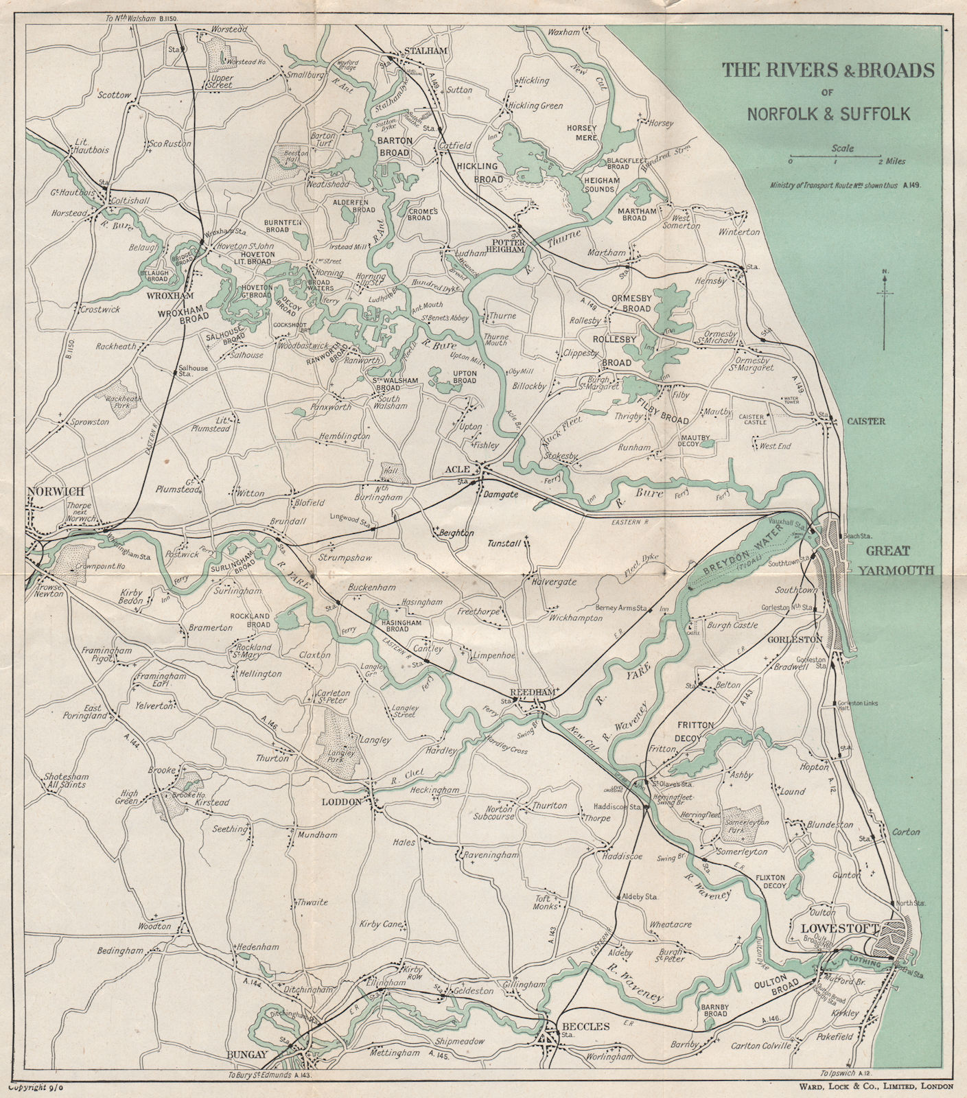 Associate Product THE NORFOLK BROADS. Great Yarmouth Lowestoft Beccles Norwich. WARD LOCK 1950 map