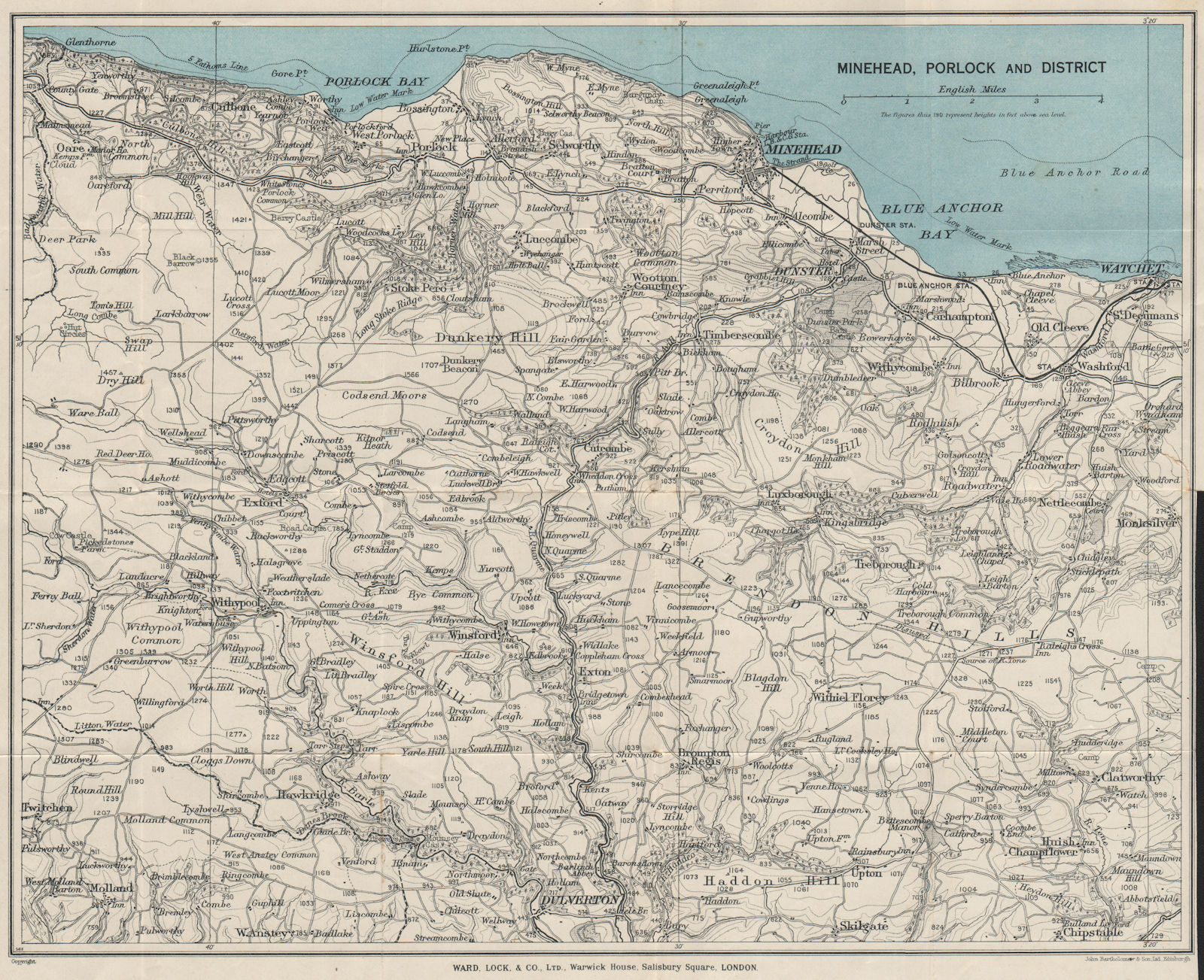 MINEHEAD & PORLOCK area. Exmoore Dunster Dulverton Watchet. Somerset 1934 map
