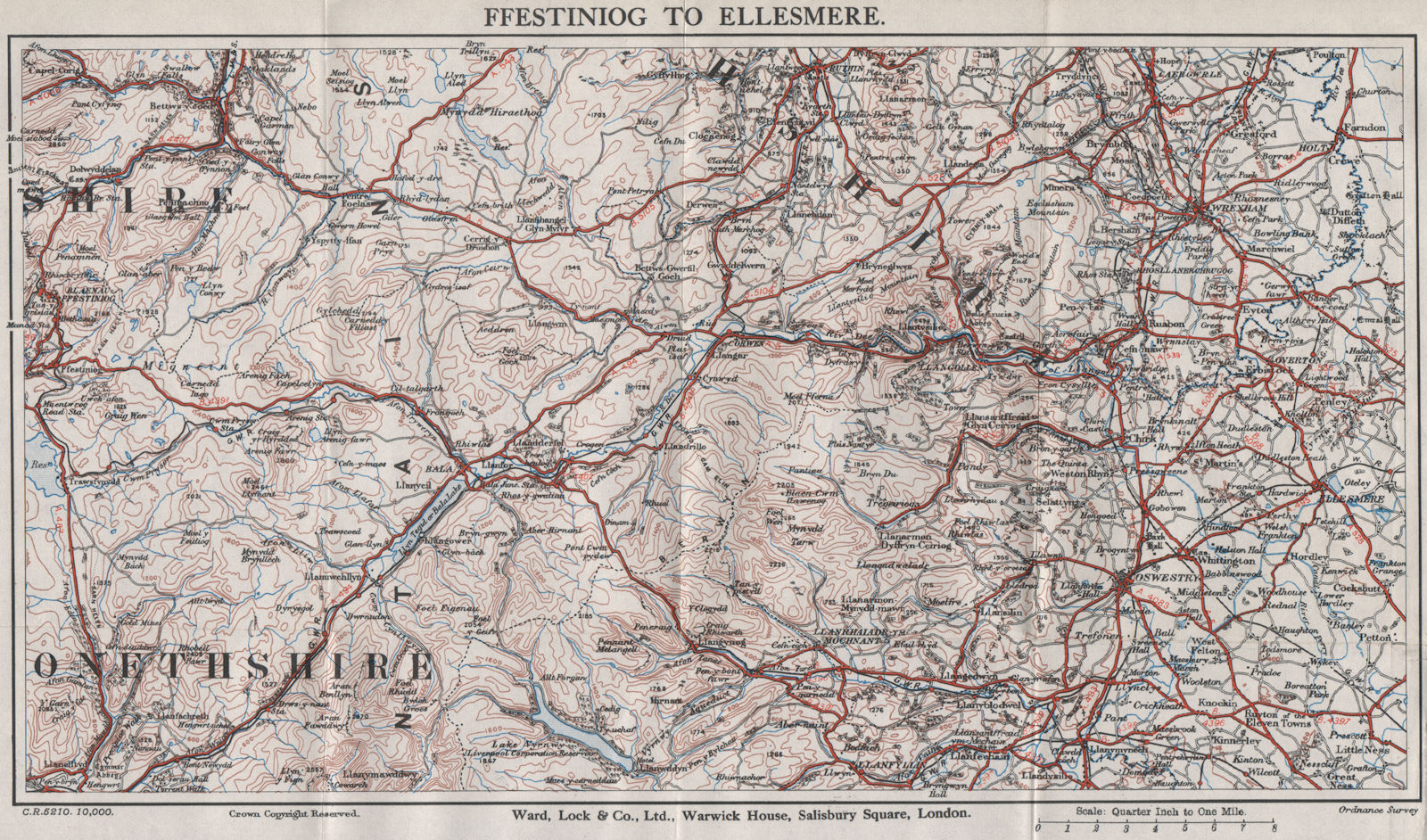 NORTH CENTRAL WALES. Ellesmere Bala Llangollen Wrexham Oswestry 1936 old map