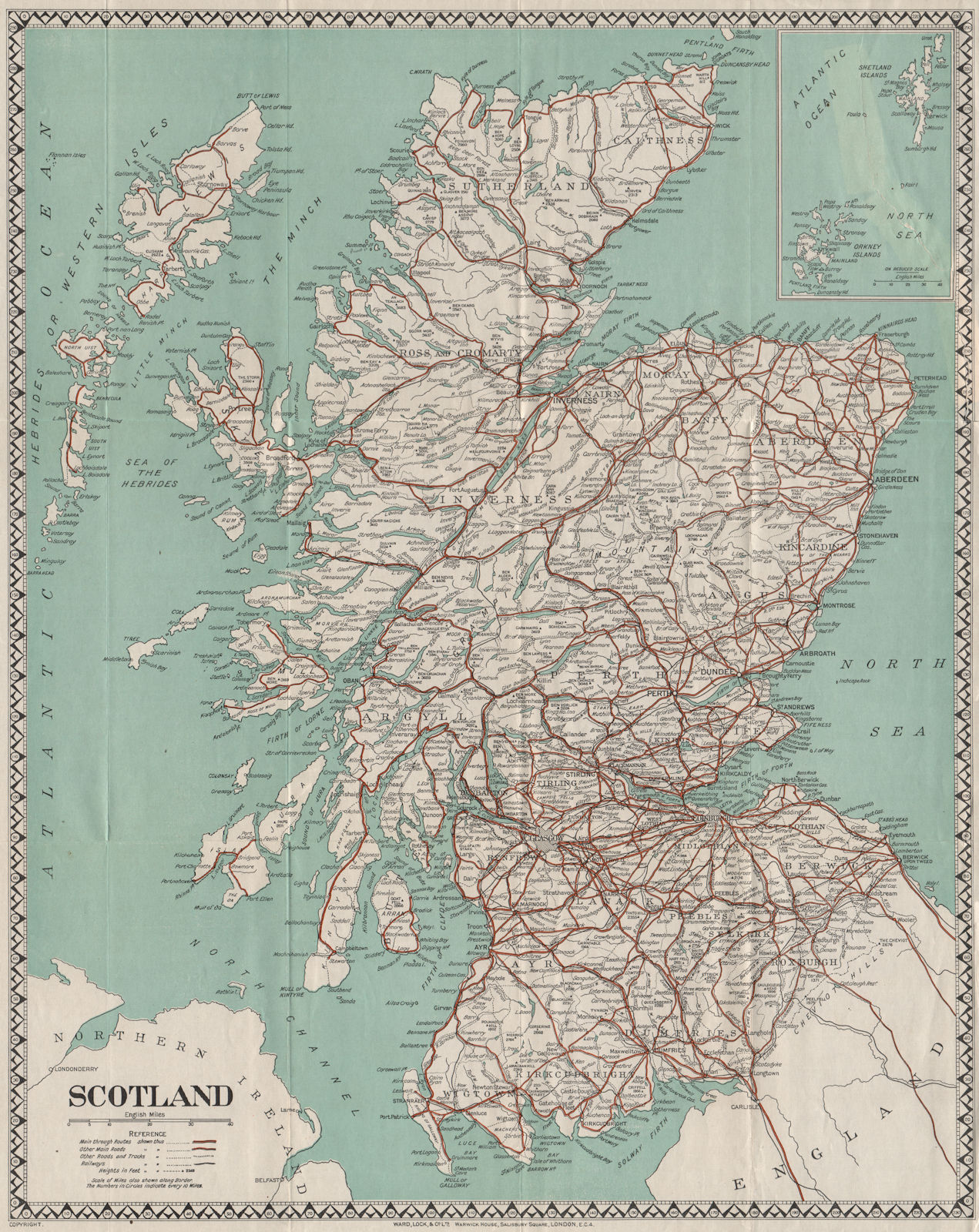 Associate Product SCOTLAND main roads & railways. Decorative border. WARD LOCK 1935 old map