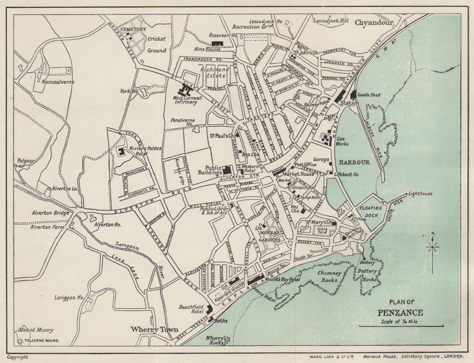 PENZANCE vintage town/city plan. Cornwall. WARD LOCK 1912 old antique map