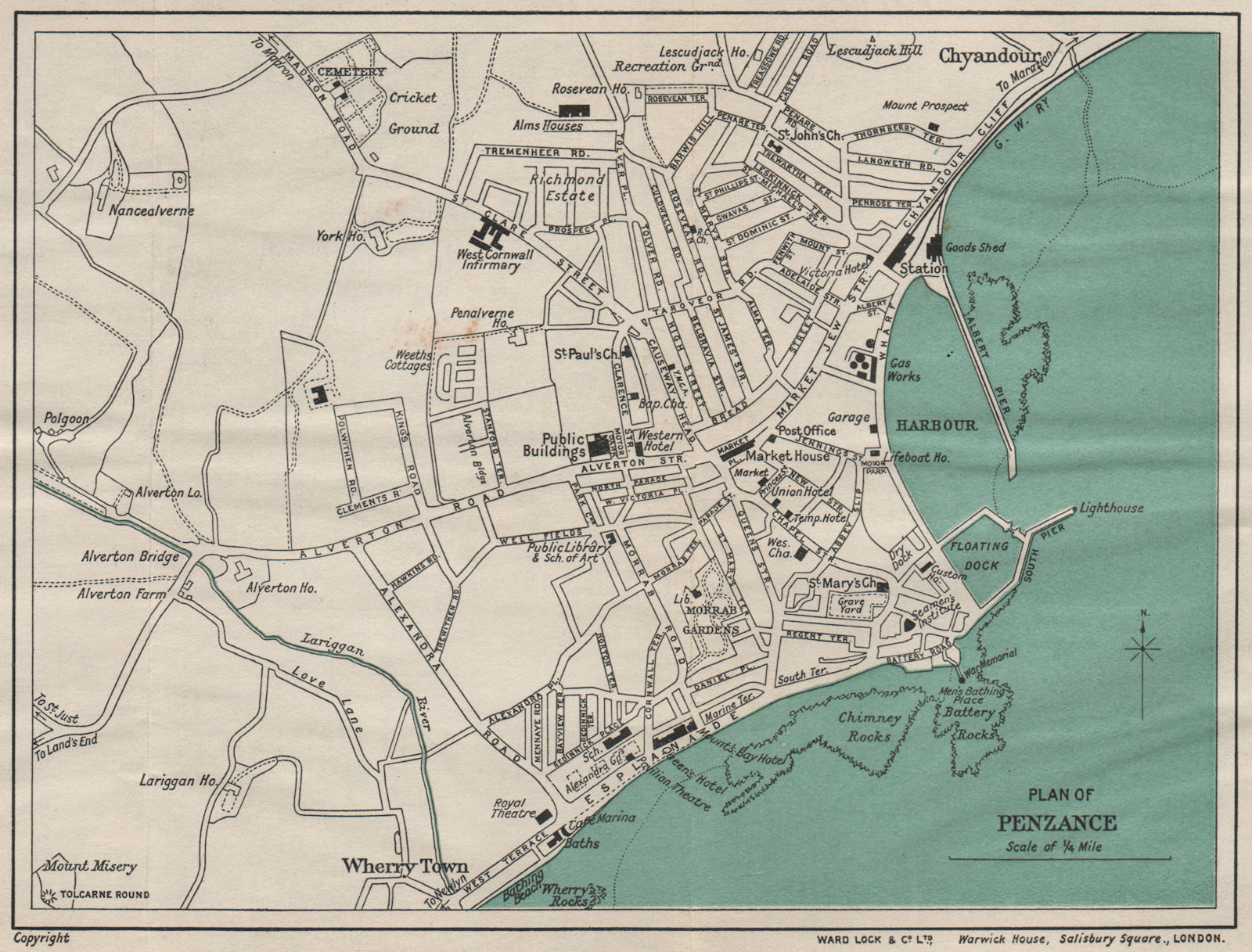 PENZANCE vintage town/city plan. Cornwall. WARD LOCK 1930 old vintage map