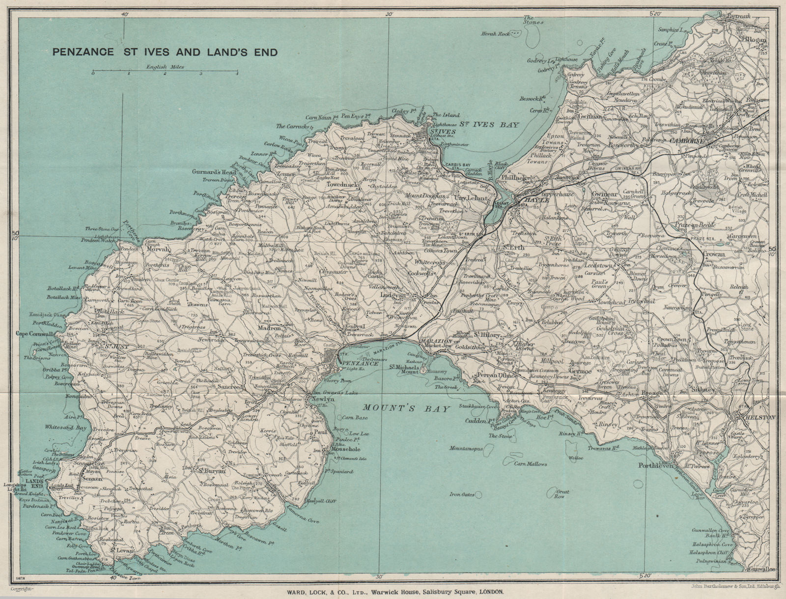 Associate Product PENZANCE, ST. IVES & LAND'S END. Camborne Hayle Cornwall. WARD LOCK 1930 map