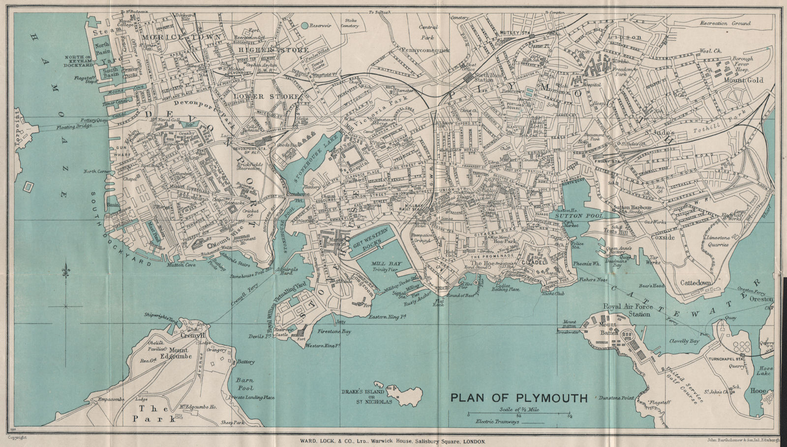 PLYMOUTH vintage town/city plan. Devon. WARD LOCK 1933 old vintage map chart