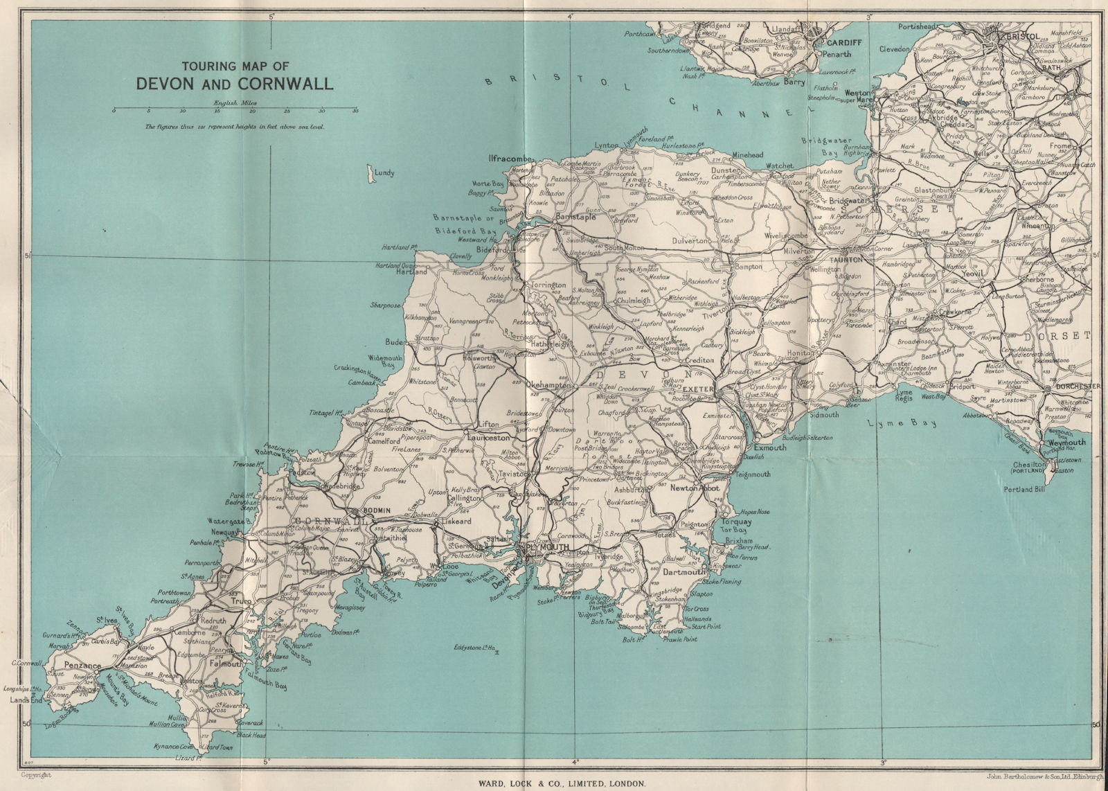 Associate Product TOURING MAP OF DEVON AND CORNWALL. South West England. WARD LOCK 1951 old