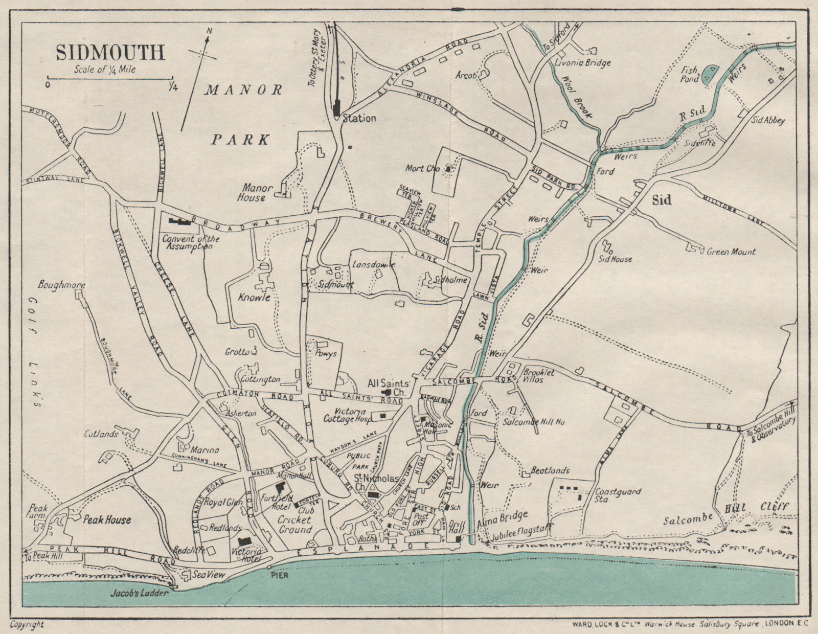 SIDMOUTH Vintage City Town Plan Devon WARD LOCK 1929 Old Vintage Map 