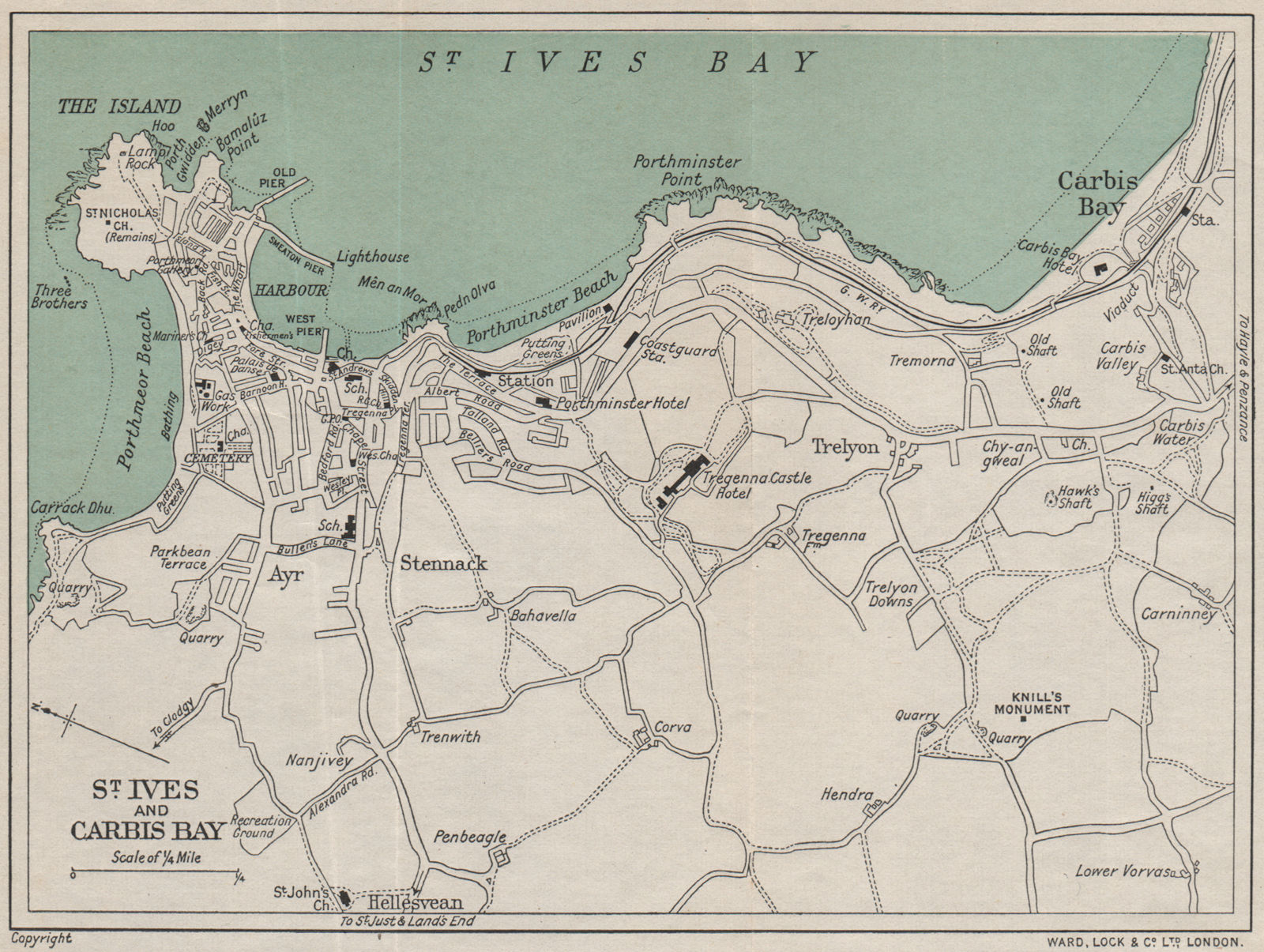 ST. IVES AND CARBIS BAY vintage town/city plan. Cornwall. WARD LOCK ...