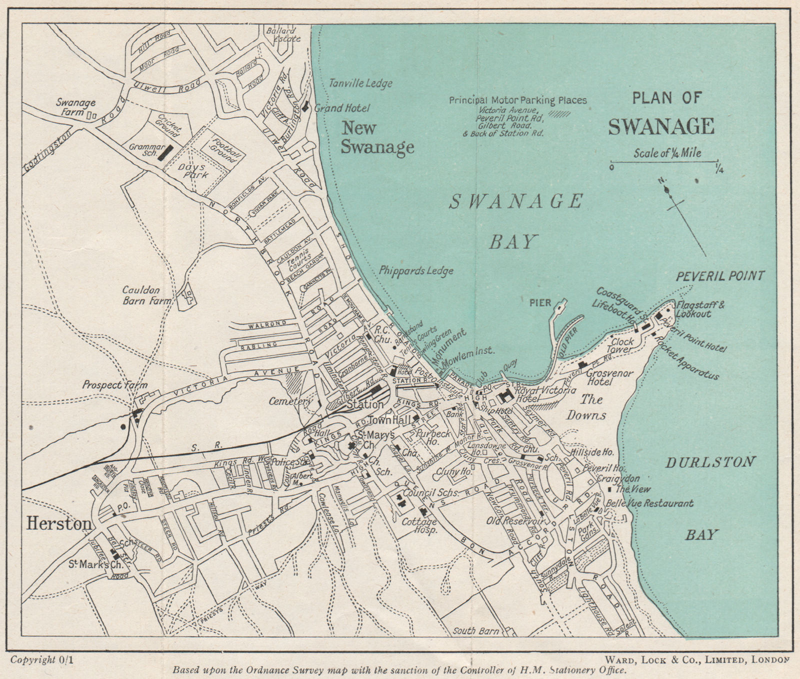 SWANAGE vintage town/city plan. Dorset. WARD LOCK 1953 old vintage map chart