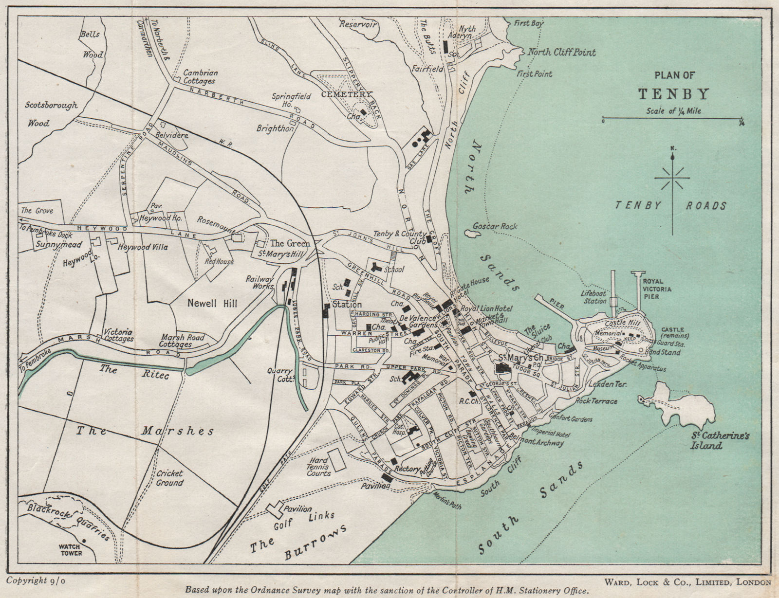 TENBY vintage town plan. Pembrokeshire Wales. WARD LOCK 1950 old ...