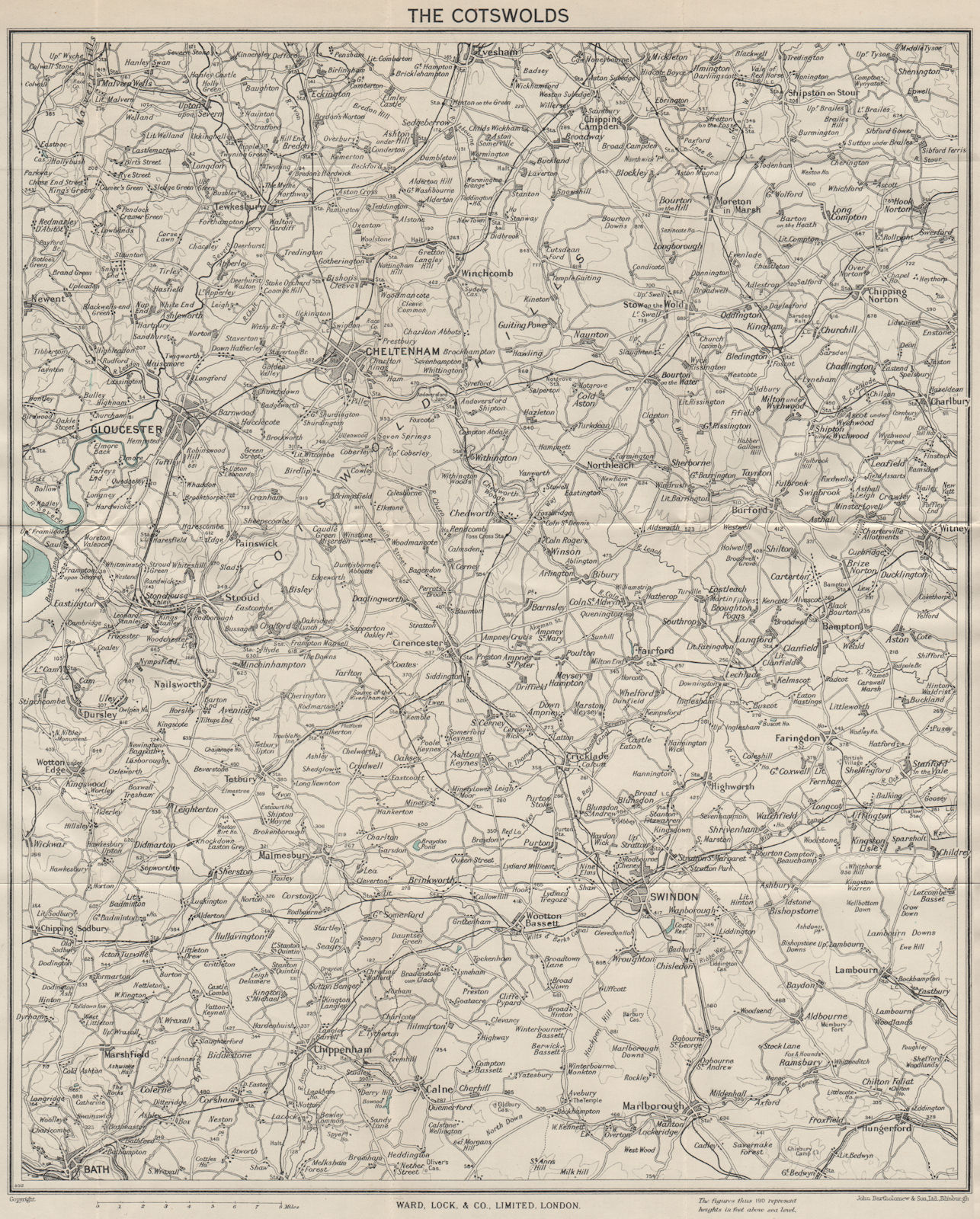 THE COTSWOLDS Gloucester Cheltenham Swindon Bath Cirencester. WARD LOCK 1948 map