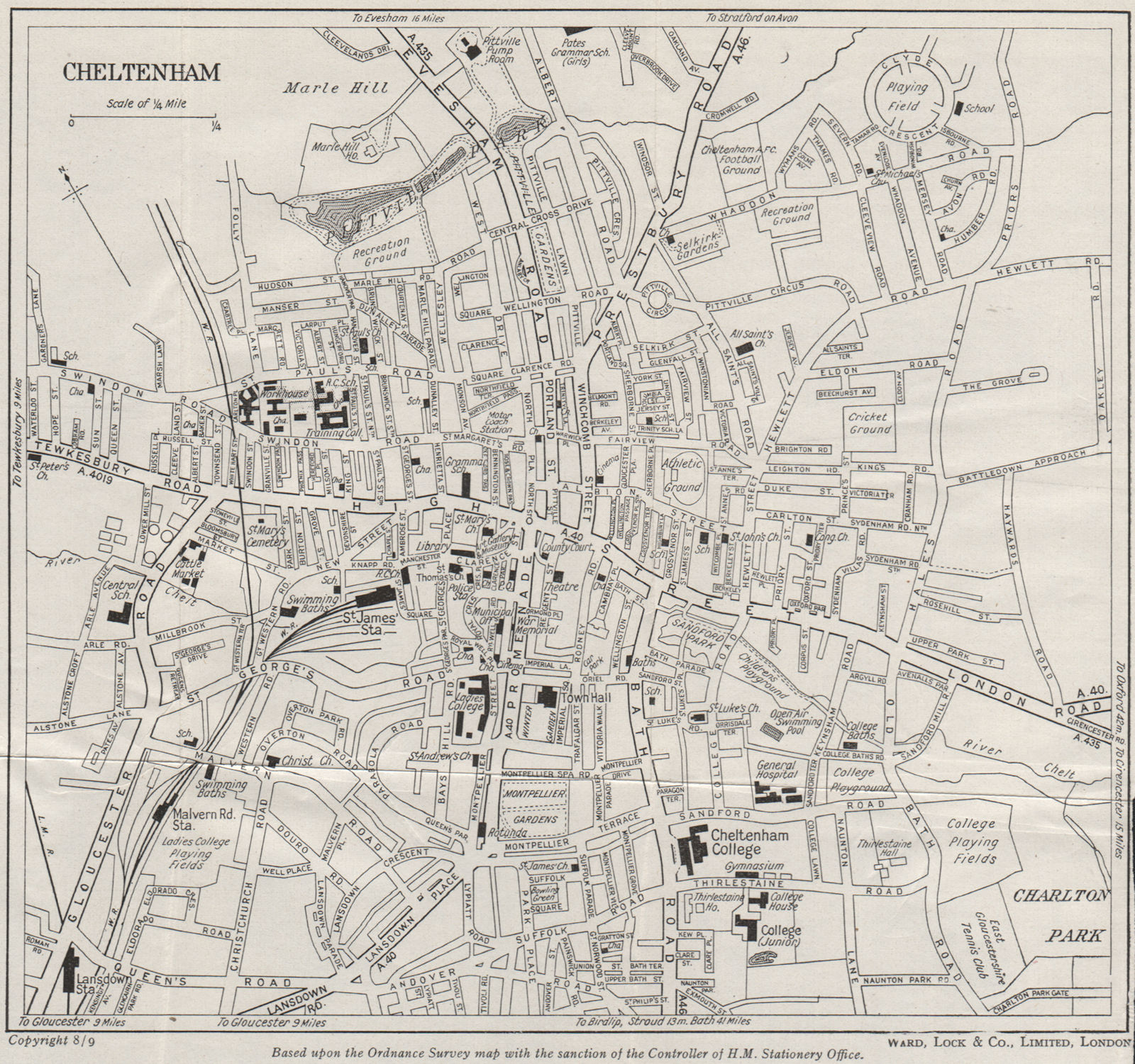 CHELTENHAM vintage town/city plan. Gloucestershire. WARD LOCK 1948 old map