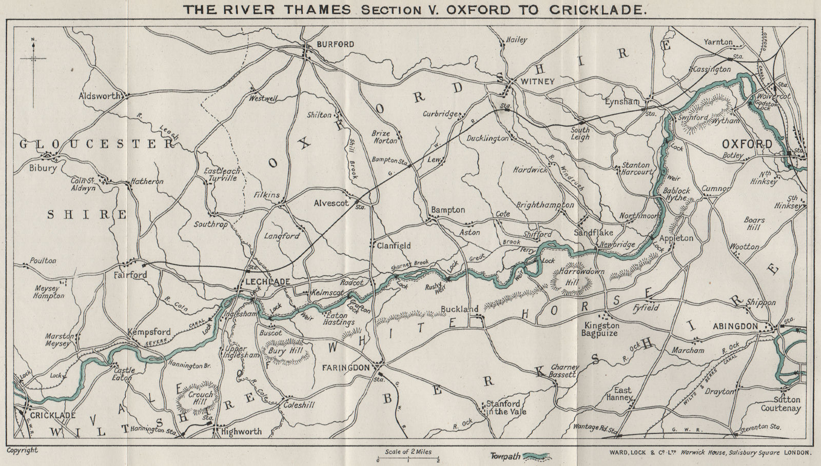 Associate Product RIVER THAMES (5) Oxford-Lechlade-Cricklade. Vale of Whote Horse. Witney 1912 map