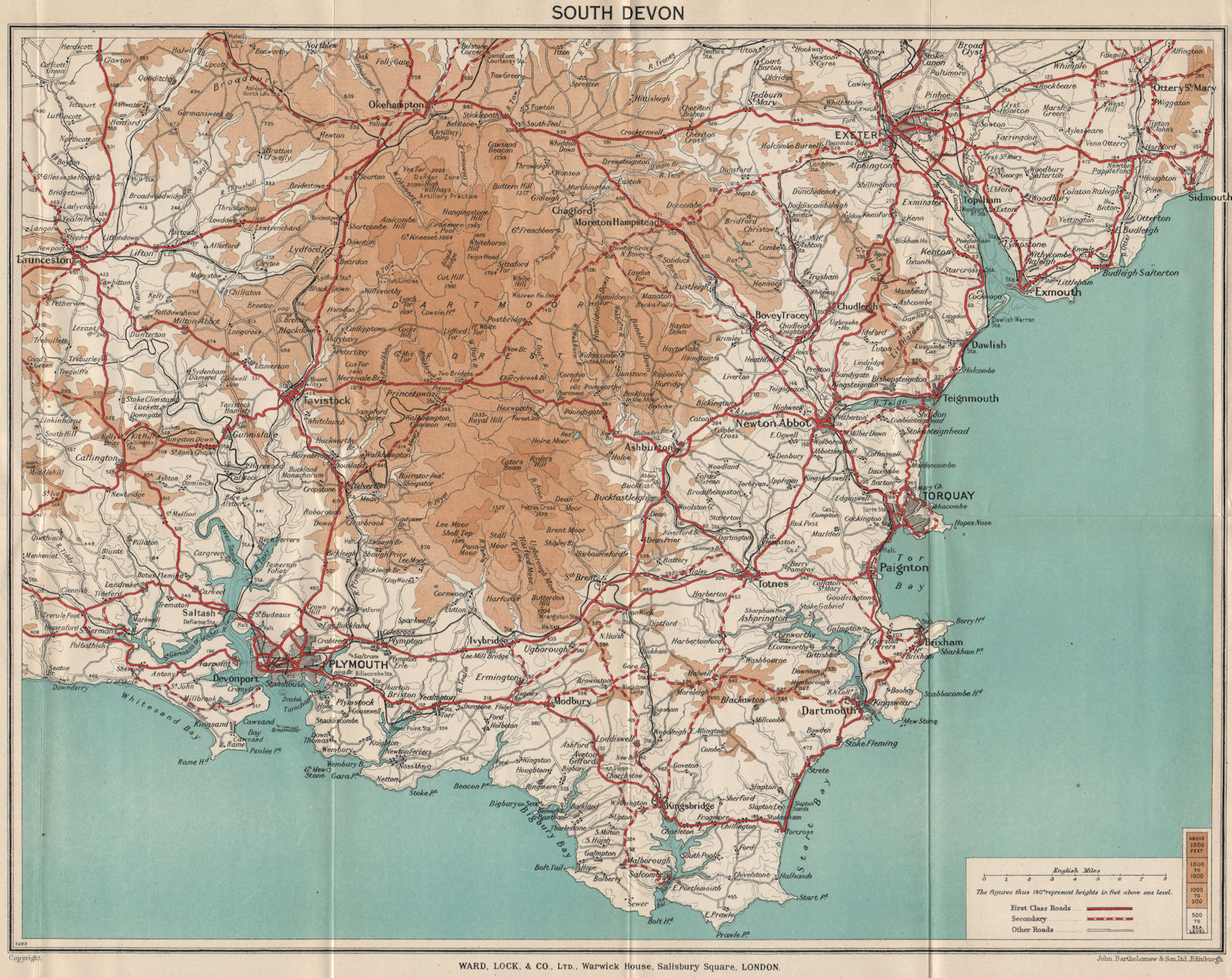 SOUTH DEVON. Dartmoor South Hams Torquay Tamar Valley Plymouth Exeter 1936 map