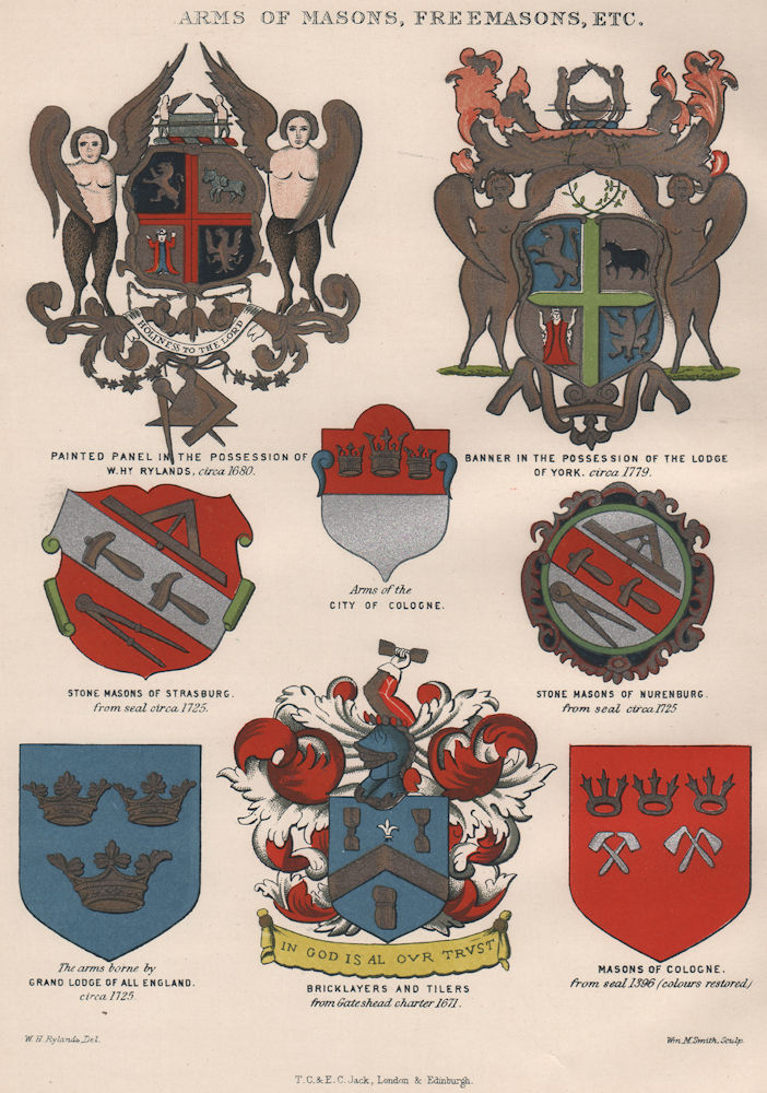 Arms of Masons, Freemasons. York Strasbourg Cologne Nuremburg. All England 1882