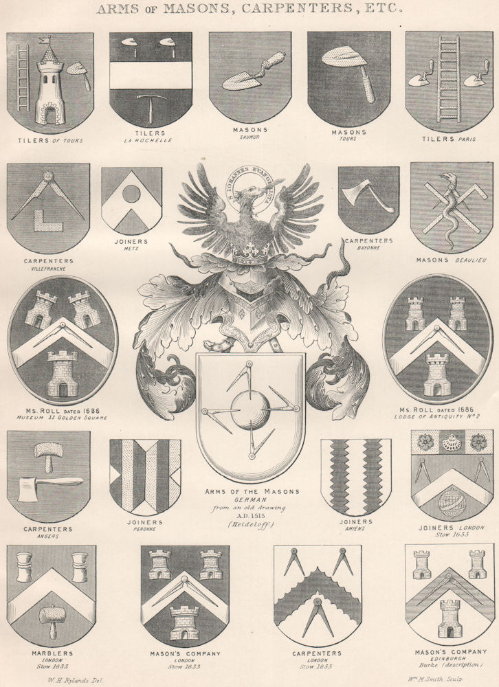 FREEMASONRY. Arms of Masons, Carpenters, Etc. 1882 old antique print picture
