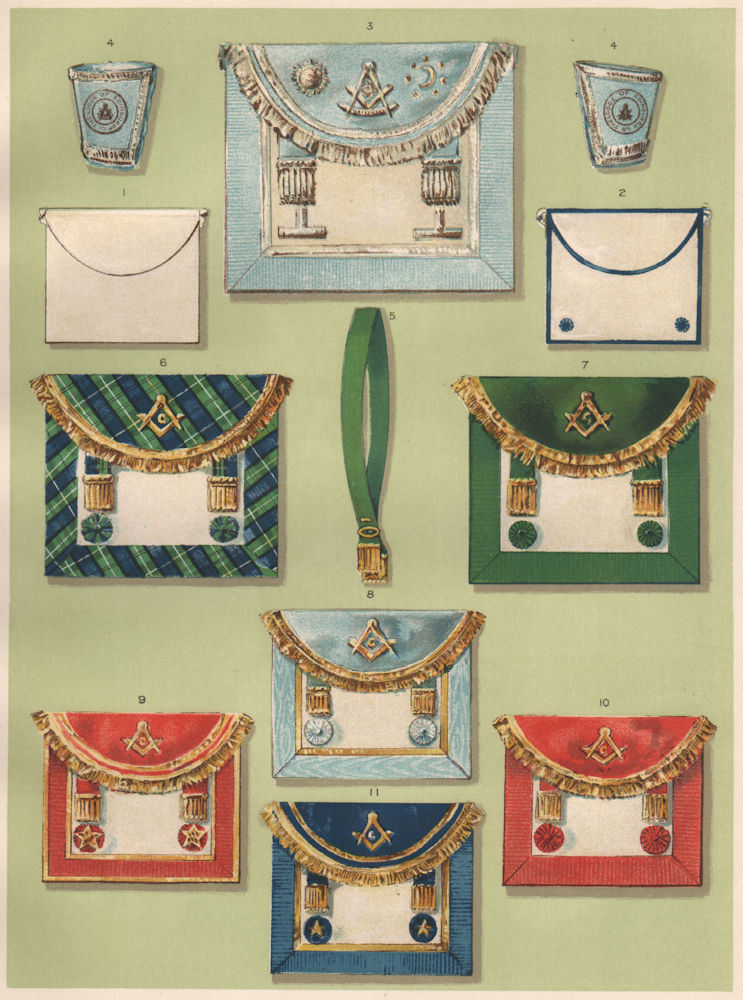 FREEMASONRY. Typical examples of Scottish Lodge Aprons. Scotland 1882 print