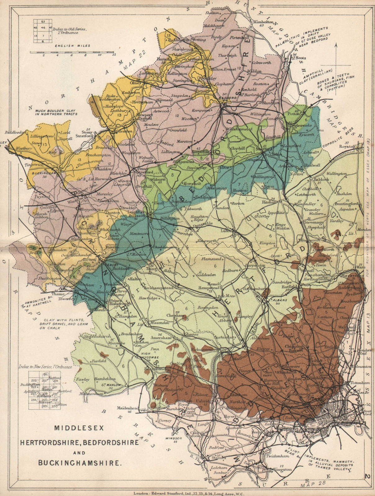 MIDDLESEX HERTFORDSHIRE BEDFORDSHIRE & BUCKS Geological. STANFORD 1913 old map