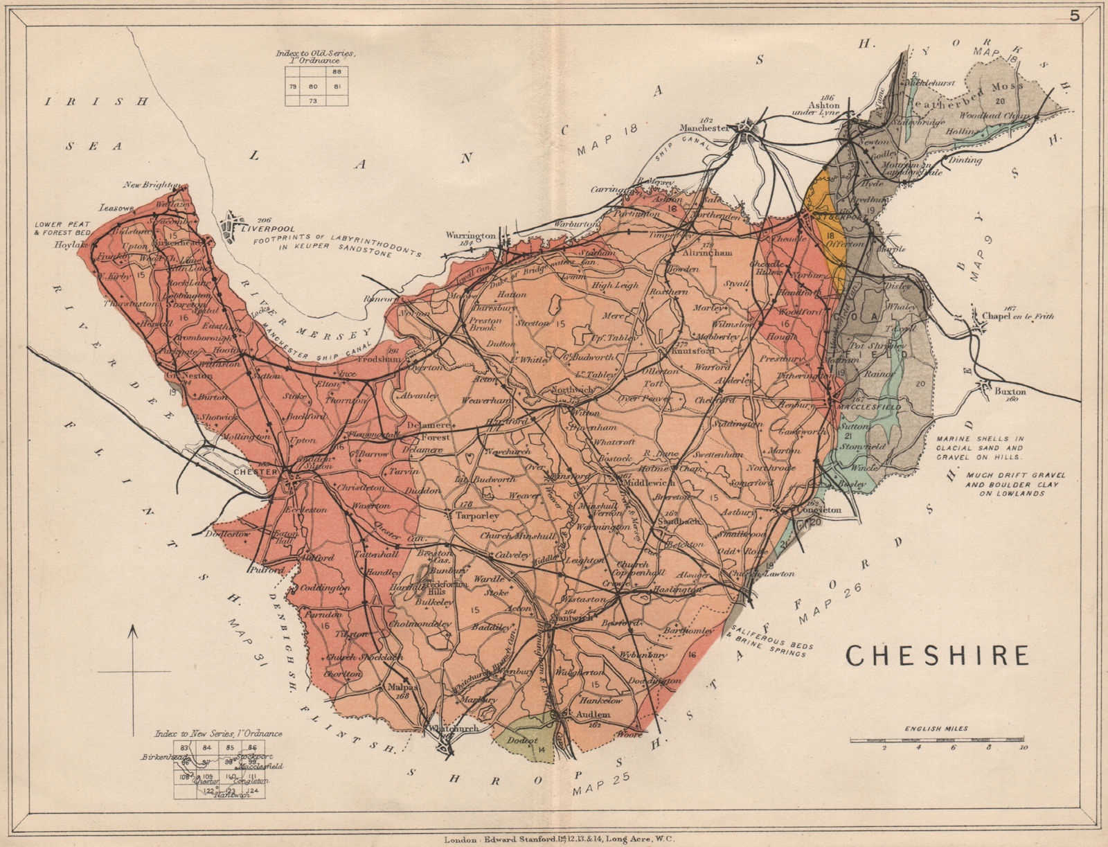 CHESHIRE Geological map. STANFORD 1913 old antique vintage plan chart