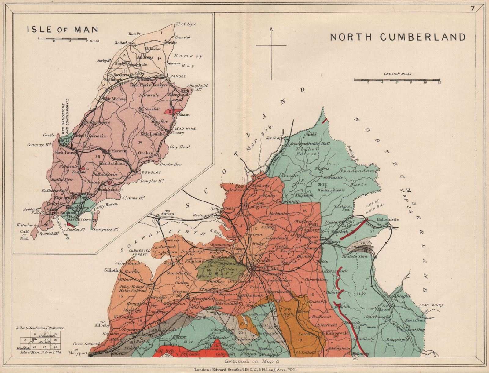 CUMBRIA North Cumberland; Inset Isle of Man. Geological map. STANFORD 1913