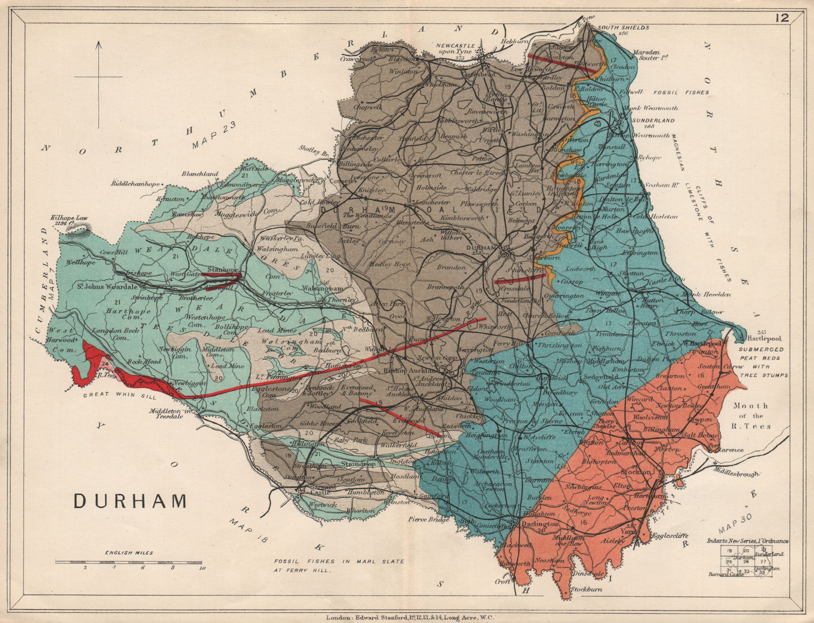 COUNTY DURHAM Geological map. STANFORD 1913 old antique vintage plan chart