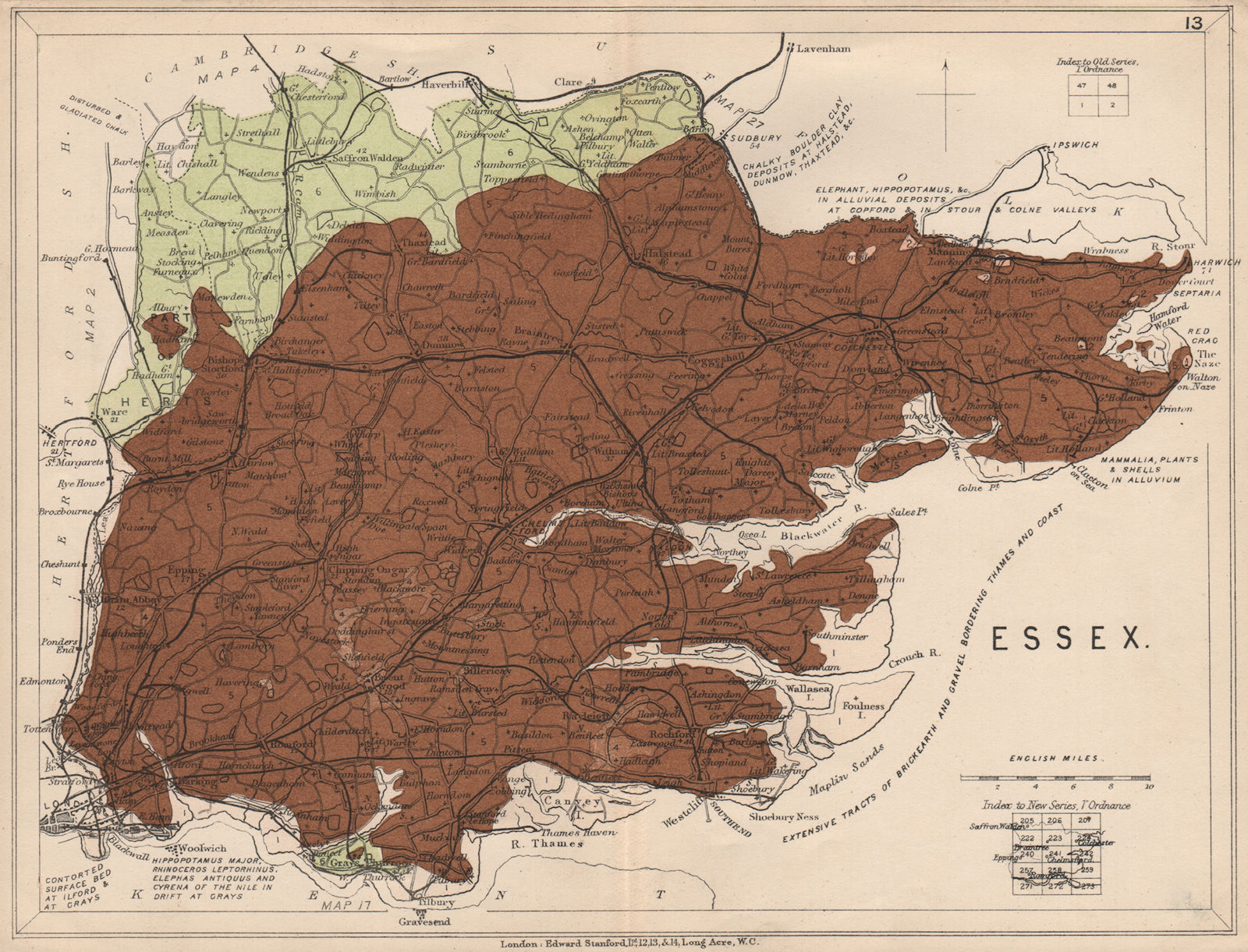 ESSEX Geological map. STANFORD 1913 old antique vintage plan chart