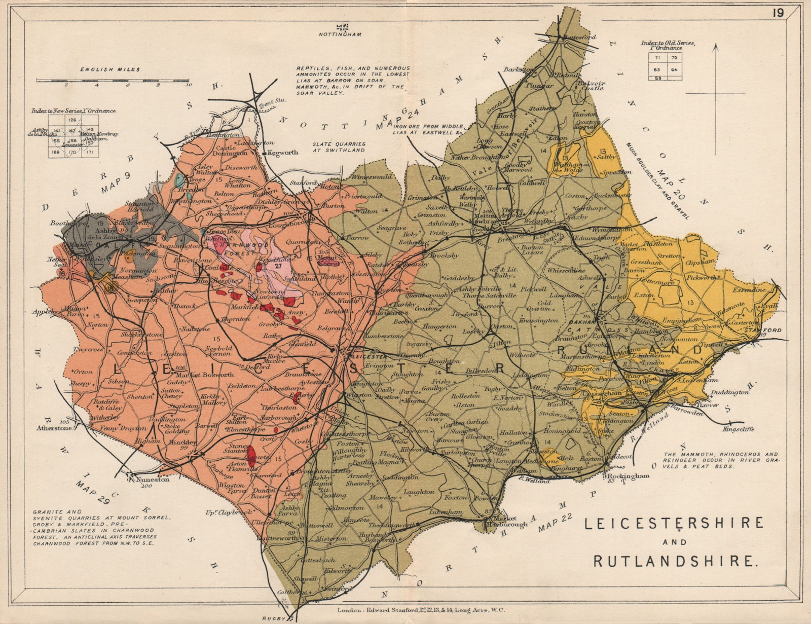 LEICESTERSHIRE AND RUTLANDSHIRE Geological map. STANFORD 1913 old antique