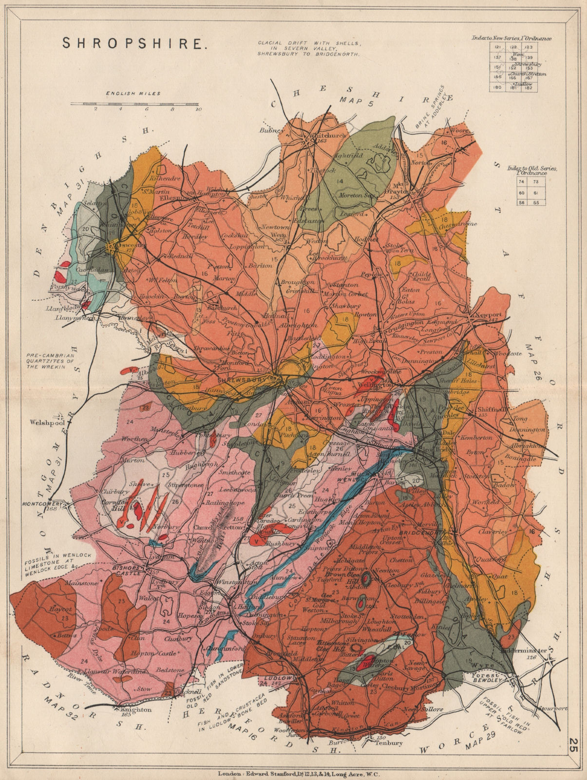 SHROPSHIRE Geological map. STANFORD 1913 old antique vintage plan chart