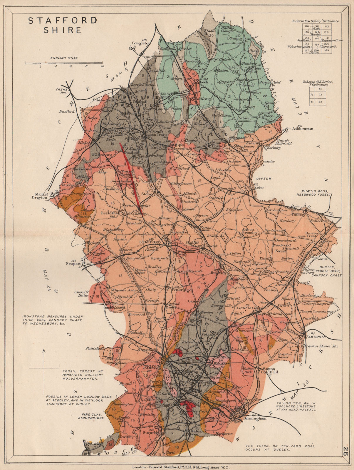 STAFFORDSHIRE Geological map. STANFORD 1913 old antique vintage plan chart