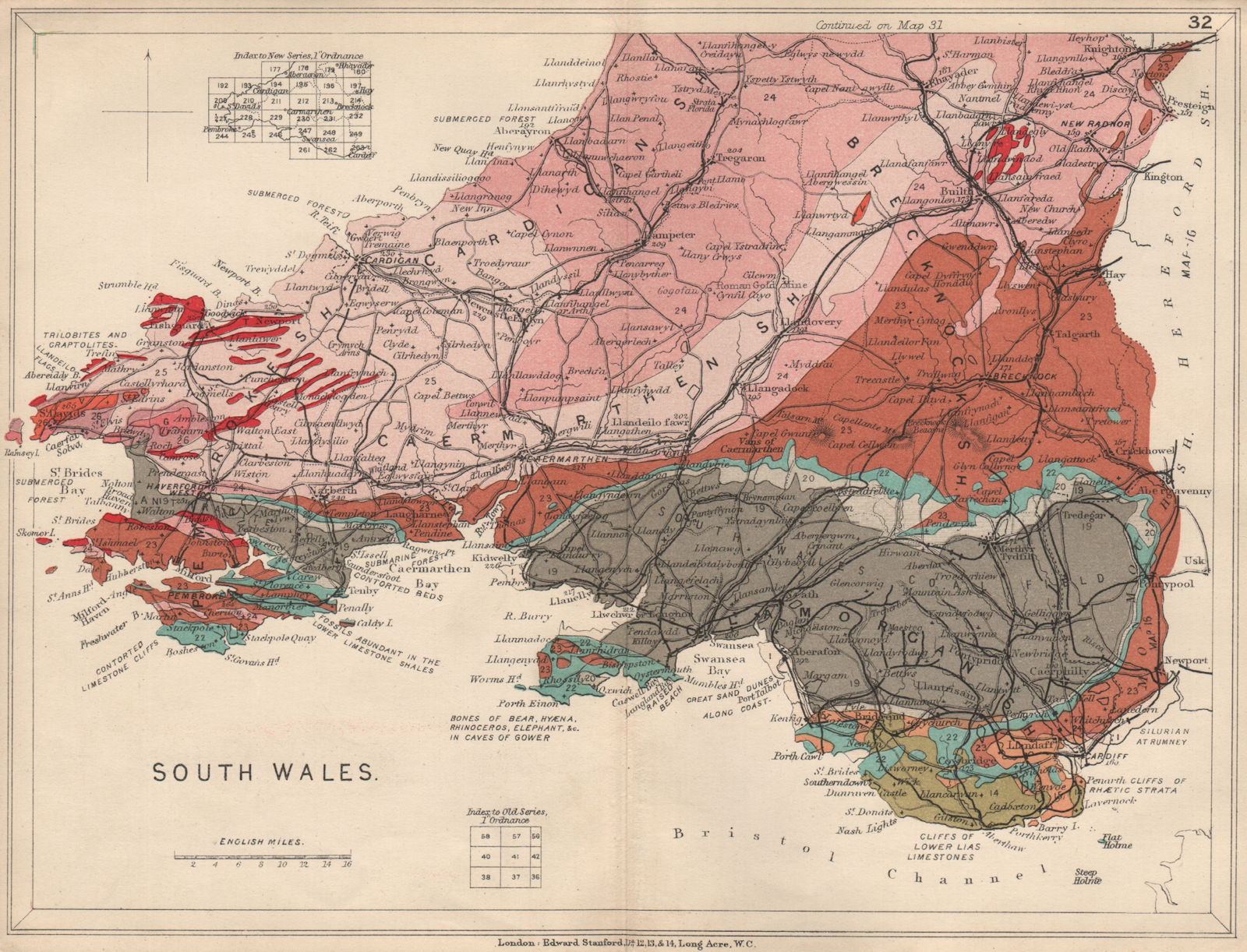 SOUTH WALES Geological map. STANFORD 1913 old antique vintage plan chart