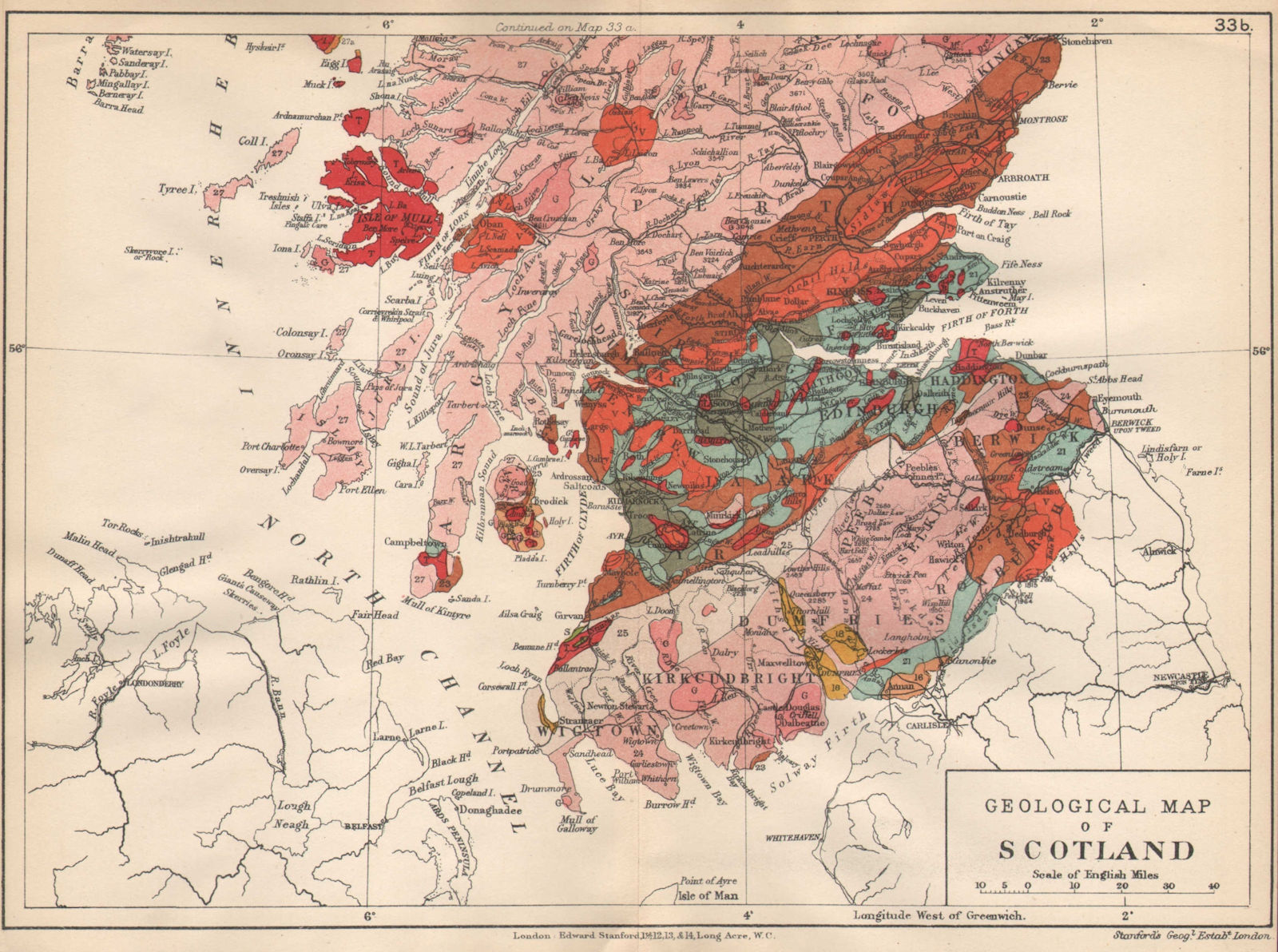 SOUTHERN SCOTLAND Geological map. STANFORD 1913 old antique plan chart