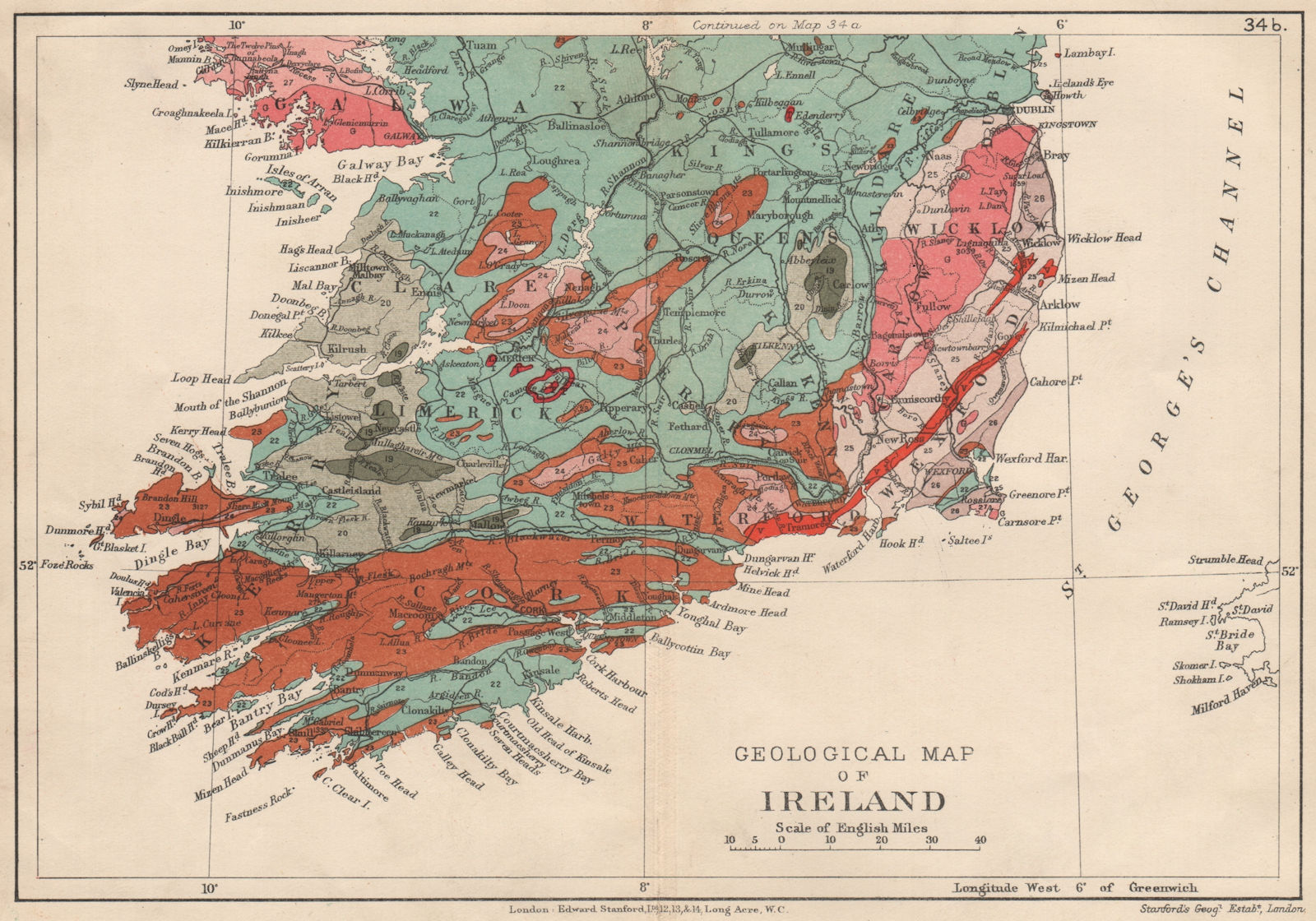 SOUTHERN IRELAND Geological map. STANFORD 1913 old antique plan chart