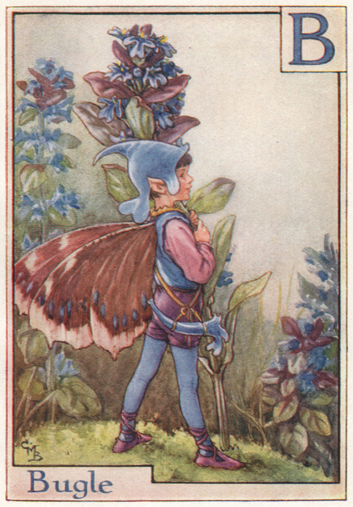 Associate Product B = Bugle Fairy by Cicely Mary Barker. Alphabet Flower Fairies c1934 old print