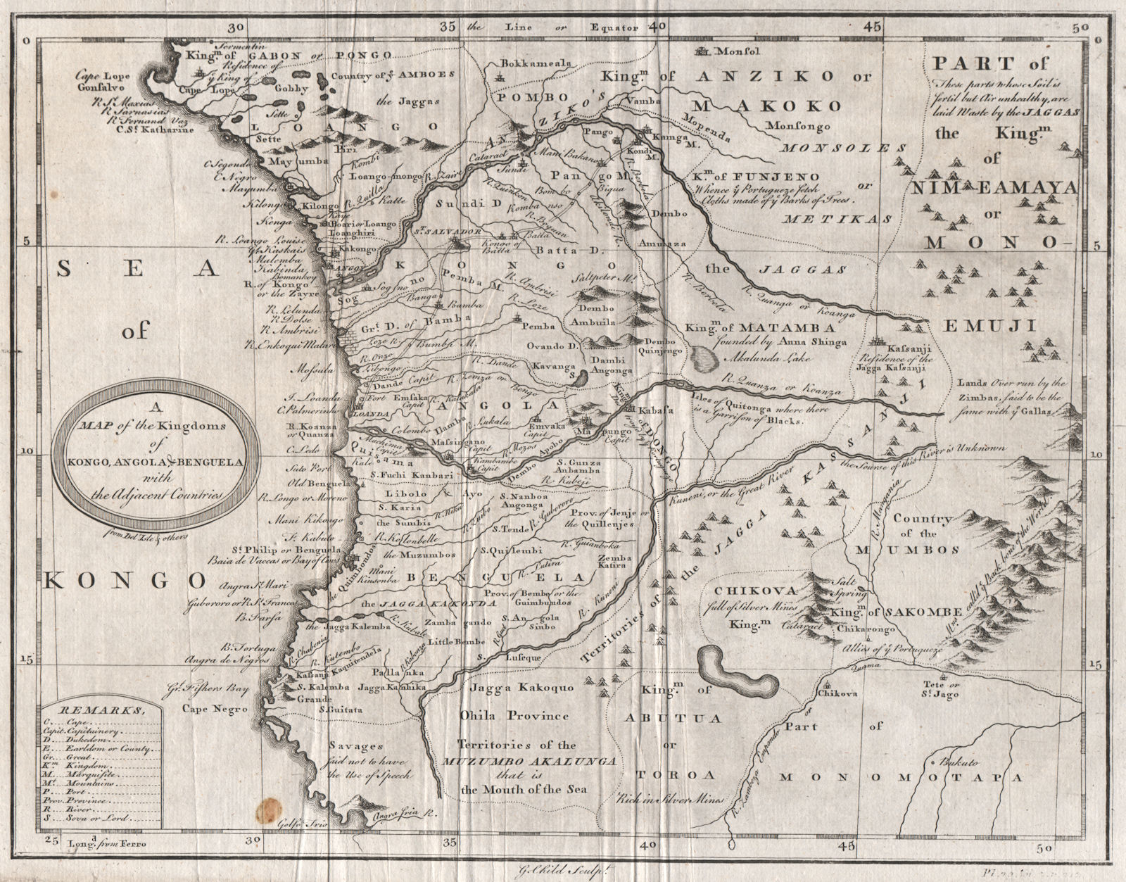 'The Kingdoms of Kongo, Angola & Benguela'. Congo Gabon. G. CHILD 1746 old map