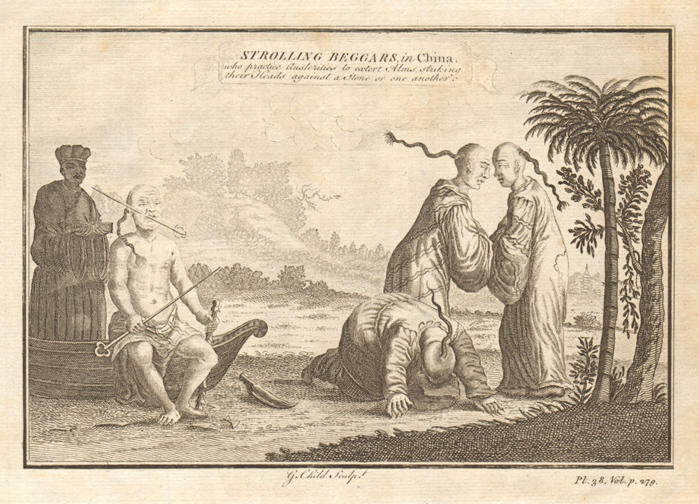 CHINA. 'Beggars, who extort alms, striking their heads against a stone' 1746