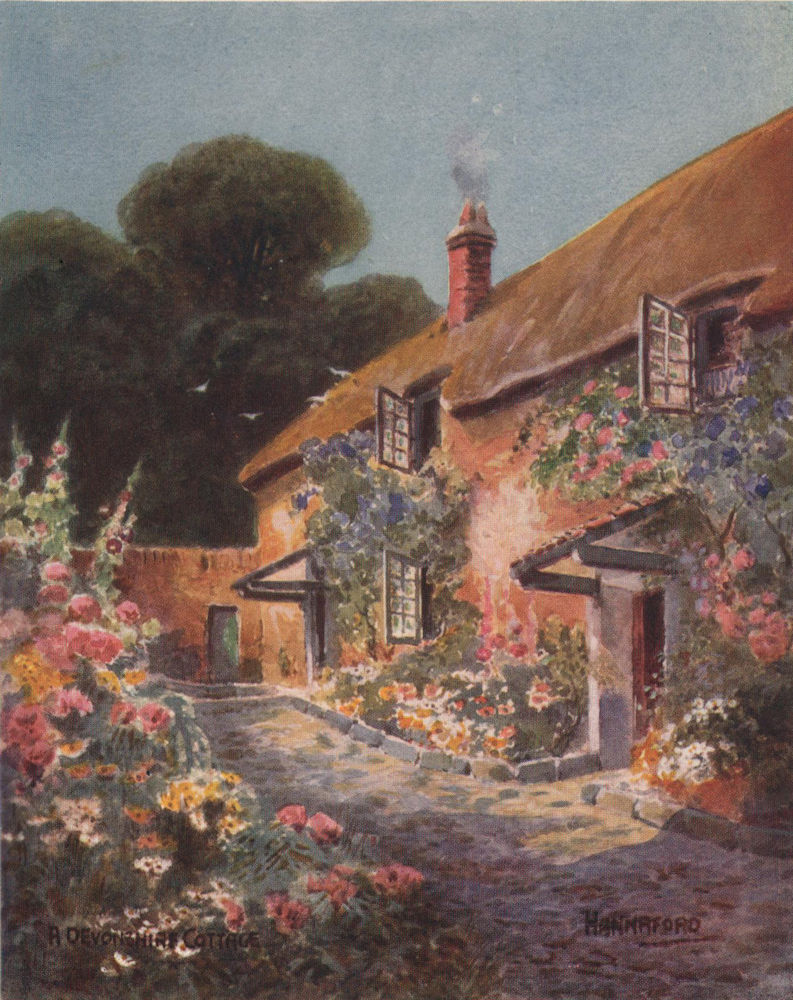 Associate Product A Devonshire cottage, South Devon, by Charles E. Hannaford 1907 old print