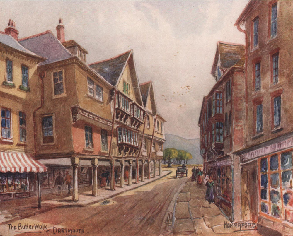 The Butterwalk, Dartmouth, South Devon, by Charles E. Hannaford 1907 old print
