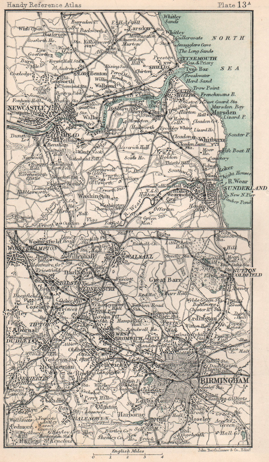Environs of Birmingham & Newcastle. Warwickshire. BARTHOLOMEW 1904 old map