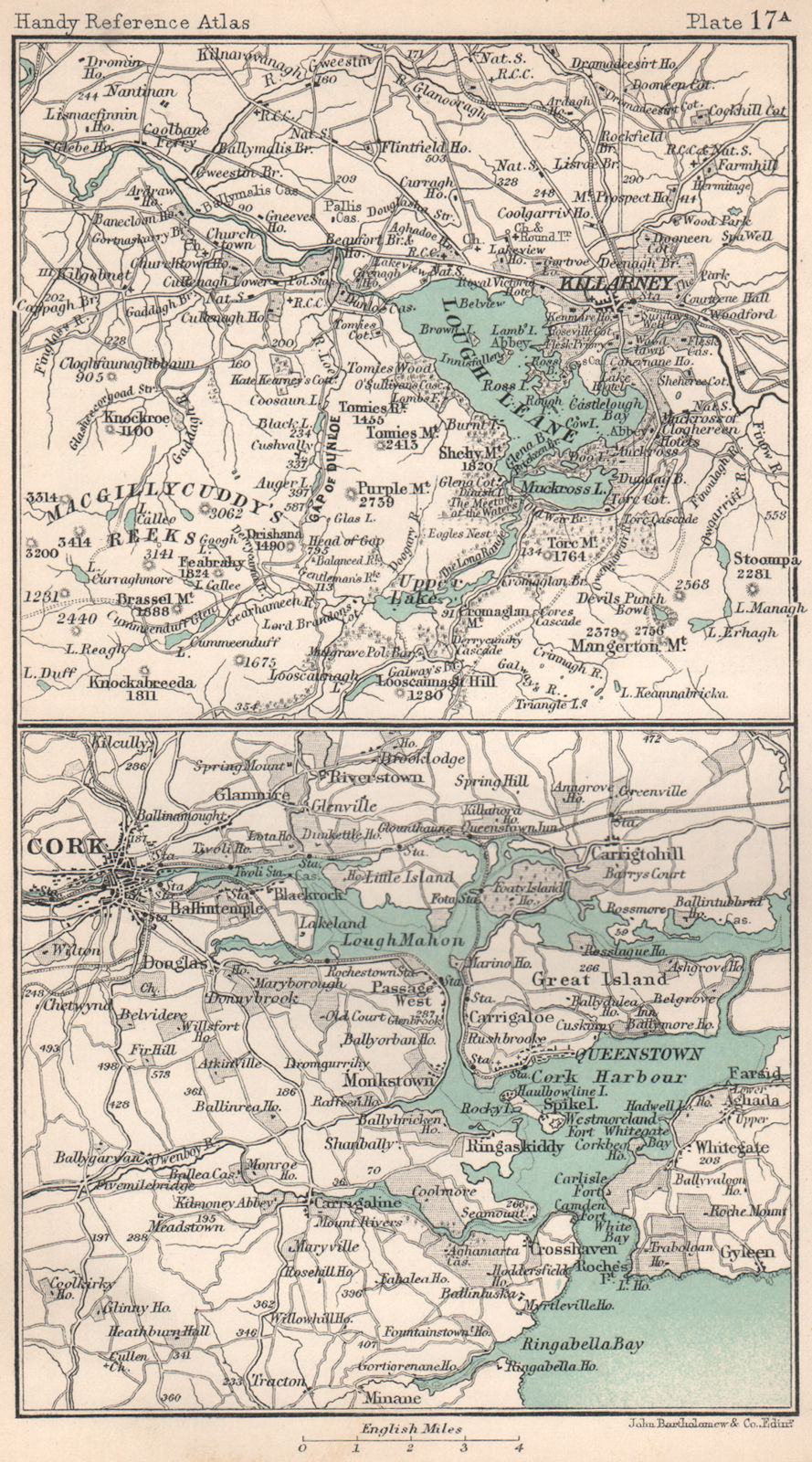 Lakes of Killarney & Cork harbour. Ireland. BARTHOLOMEW 1904 old antique map