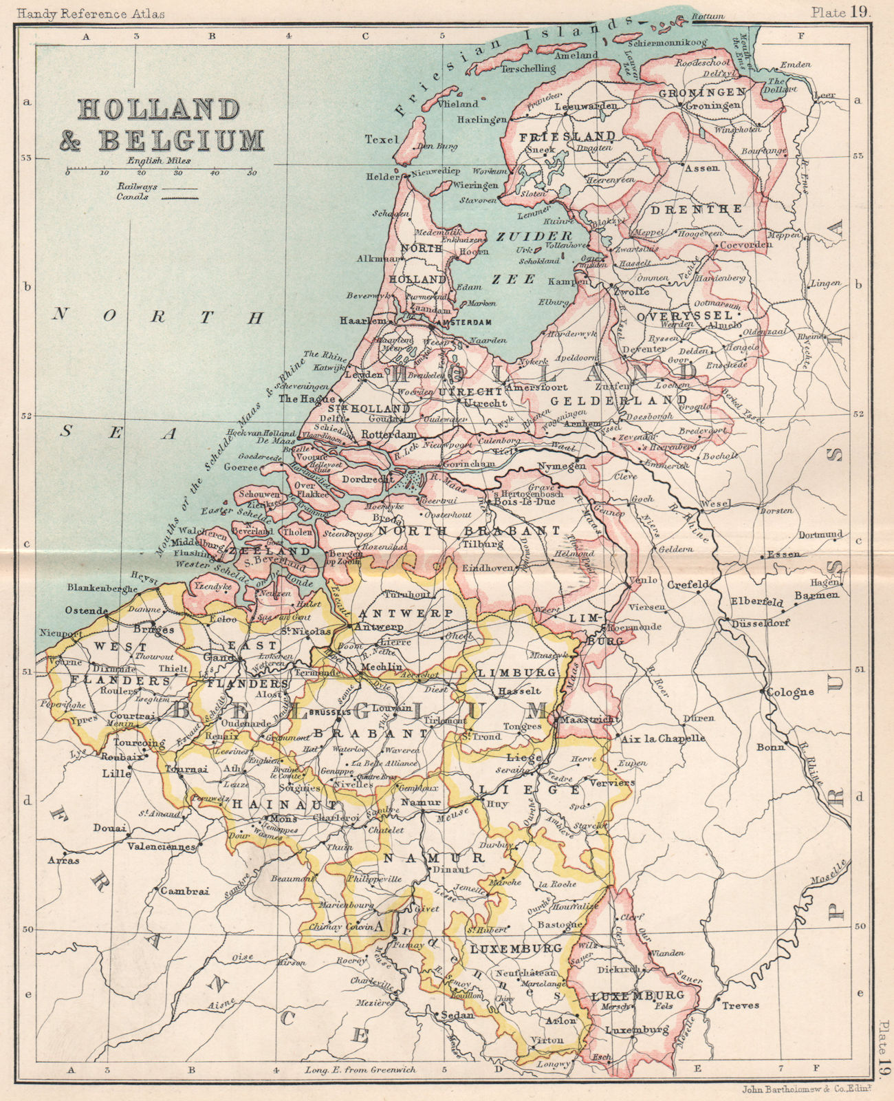 Holland and Belgium. Luxembourg. Benelux. BARTHOLOMEW 1904 old antique map